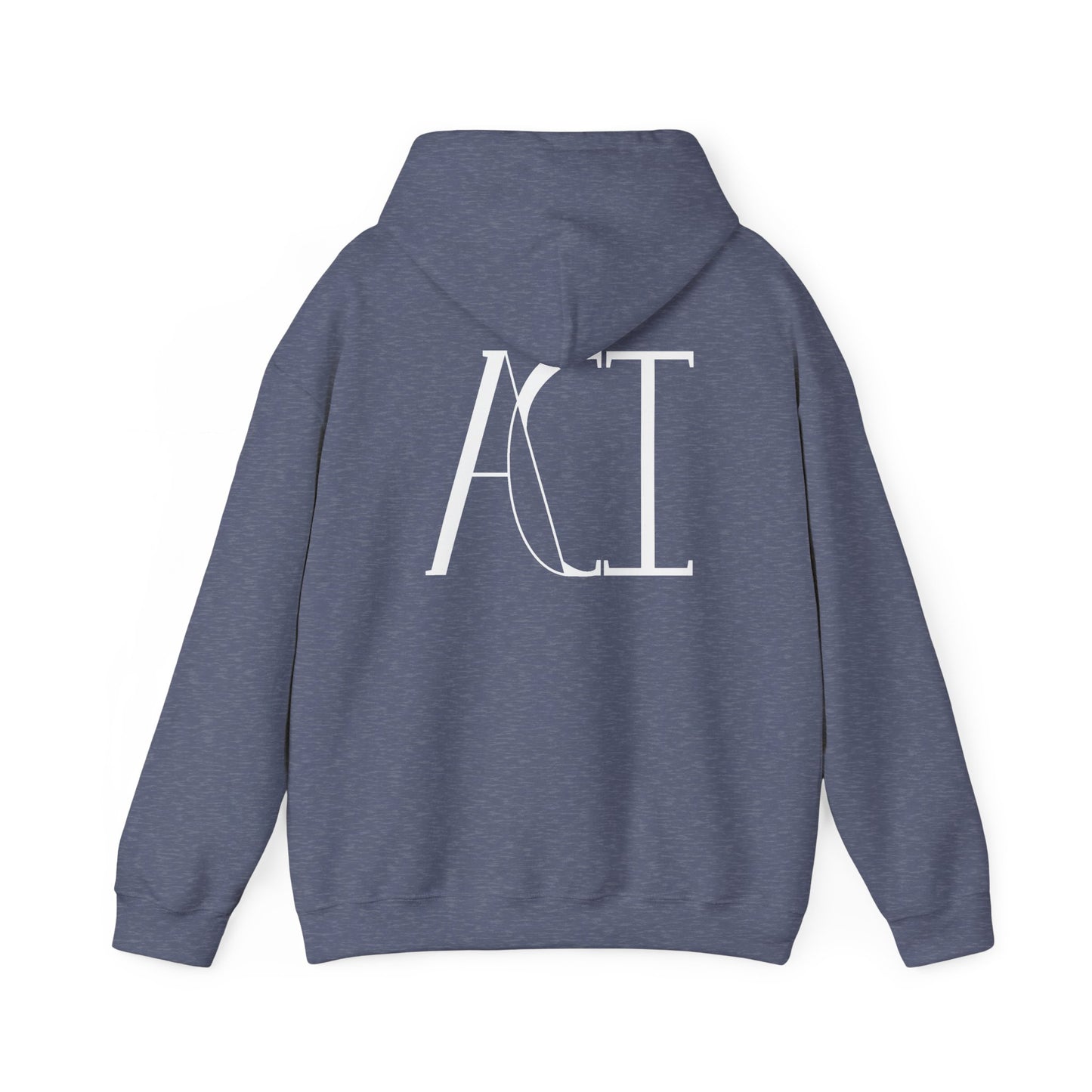 This is a heather navy ACI hoodie showcasing the back of it. The hood is not lifted up and the ACI logo is right below the hood. The logo is printed in white. The sleeves and end of the hoodie have stitching by the wrist and waist areas. The rest of the hoodie is the color heather navy.