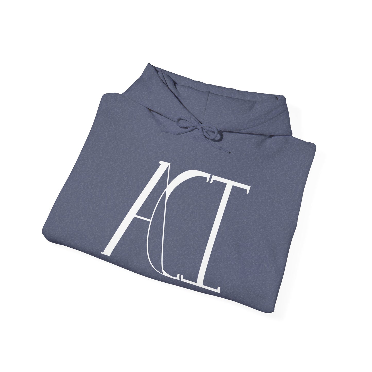 This is a heather navy ACI hoodie that has been folded. It shows the ACI logo printed in white on the front of the hoodie. The drawcord matches the color of the hoodie.