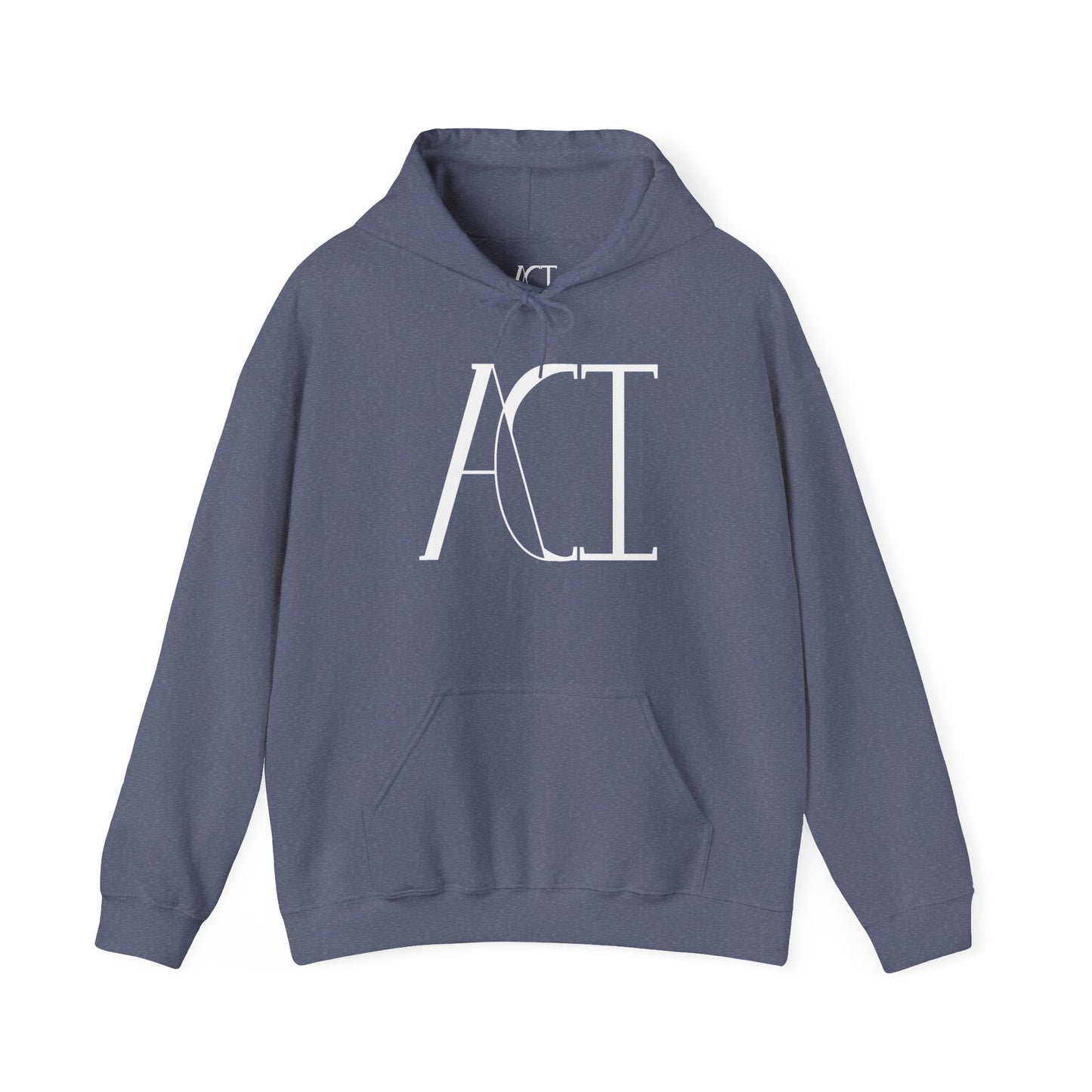 This is a heather navy ACI hoodie that showcases the ACI logo printed in white near the top middle of the hoodie. It is a full picture of the front with the color-matched drawcord. The size label is printed on rather than a tag with the ACI logo also in white. There is stitching by the wrists and waist areas. Also, a large pocket to place your arms in.