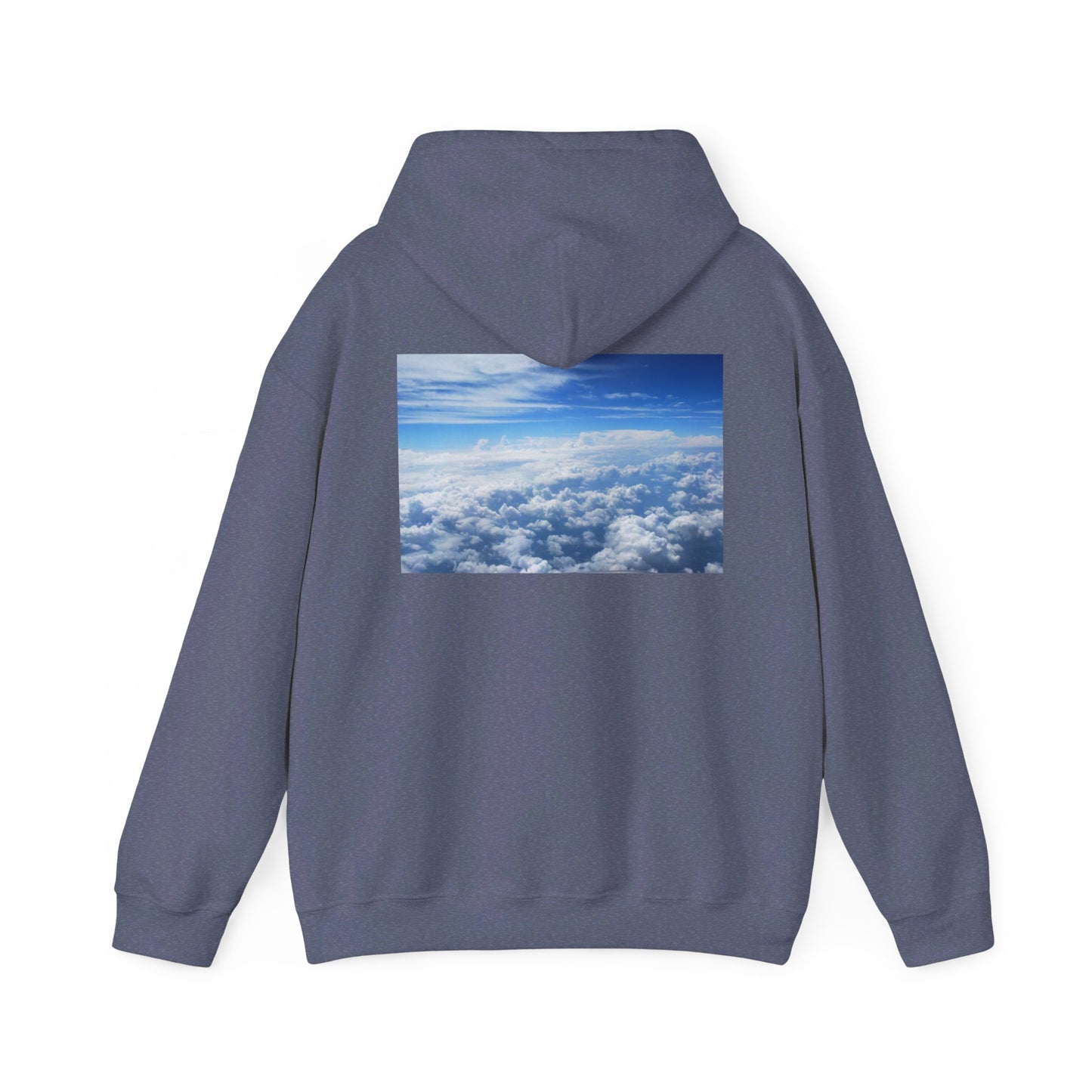 This is the Heather Navy Above the Clouds Hoodie by Lee Hansheng Studios. It comes in sizes S-5XL. This is the image of the back with the hood down. The hood covers a bit of the image, is between the upper back and ends before lower back. The illustration shows an overview of the clouds from the sky. Through the foreground are white, light blue, dark blue fluffy clouds that straighten out in the background. There are clear blue skies in the background. There is hemming on the wrists and end of the hoodie.