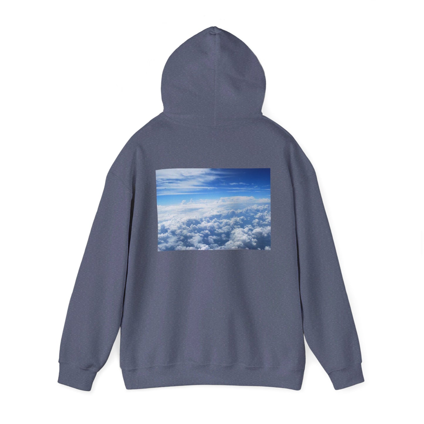 This is the Heather Navy Above the Clouds Hoodie by Lee Hansheng Studios. It comes in sizes S-5XL. This is the image of the back with the hood up. The illustration is between the upper back and ends before lower back. The illustration shows an overview of the clouds from the sky. Through the foreground are white, light blue, dark blue fluffy clouds that straighten out in the background. There are clear blue skies in the background. There is hemming on the wrists and end of the hoodie.