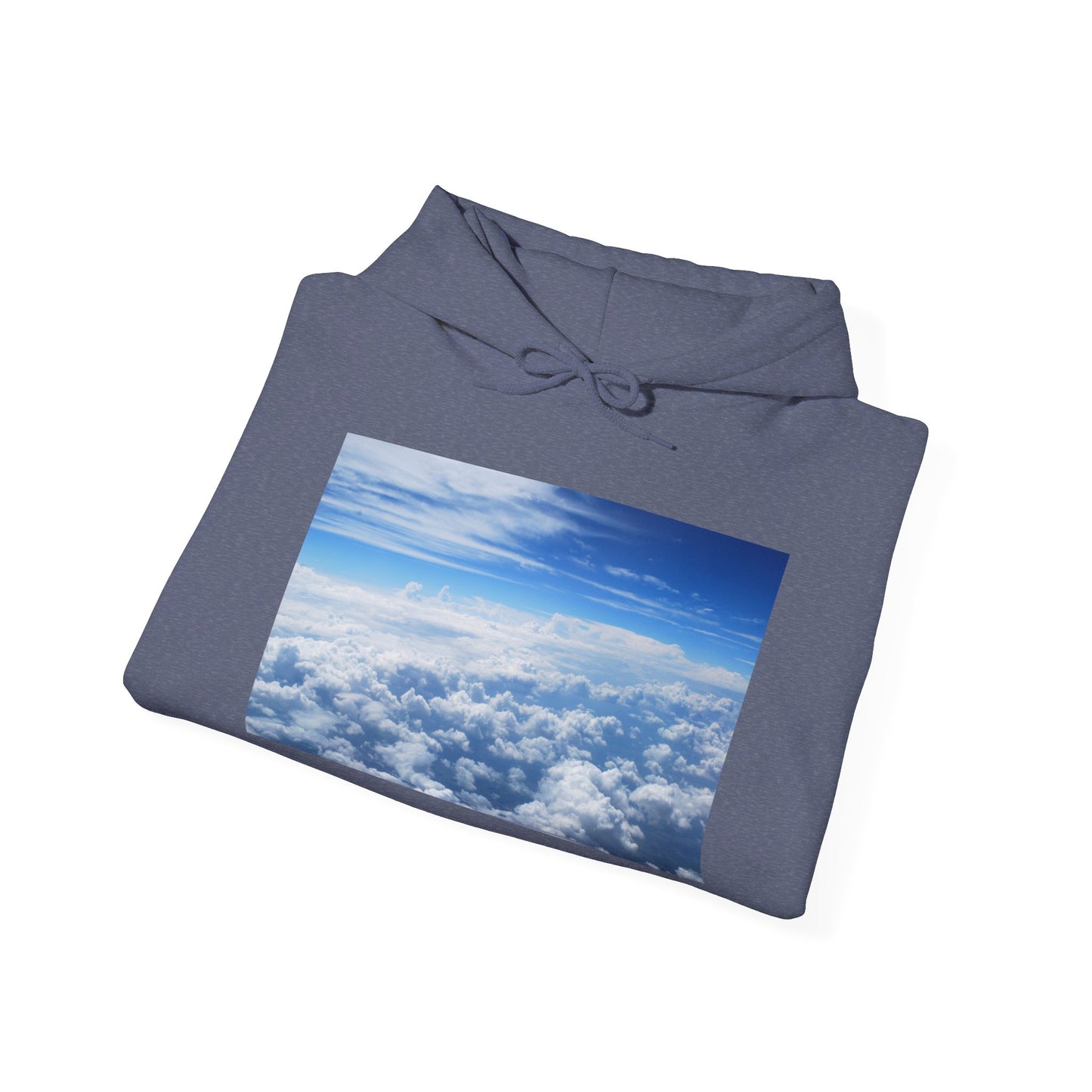 This is the Heather Navy Above the Clouds Hoodie by Lee Hansheng Studios. It comes in sizes S-5XL. The drawstring is tied and color matched. This is an image of the hoodie from the front folded. The illustration shows an overview of the clouds from the sky. Through the foreground are white, light blue, dark blue fluffy clouds that straighten out in the background. There are clear blue skies in the background. The hoodie is against a white background.