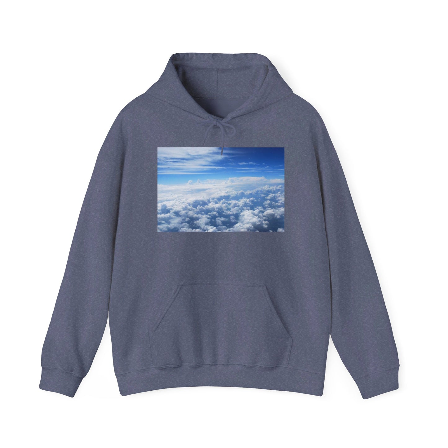 This is the Heather Navy Above the Clouds Hoodie by Lee Hansheng Studios. It comes in sizes S-5XL. This is the image of the front with a drawstring tied in a bow and color matched. The illustration on the front chest. The illustration shows an overview of the clouds from the sky. Through the foreground are white, light blue, dark blue fluffy clouds that straighten out in the background. There are clear blue skies in the background. There is a kangaroo pocket, hemming on the wrists and end of the hoodie.