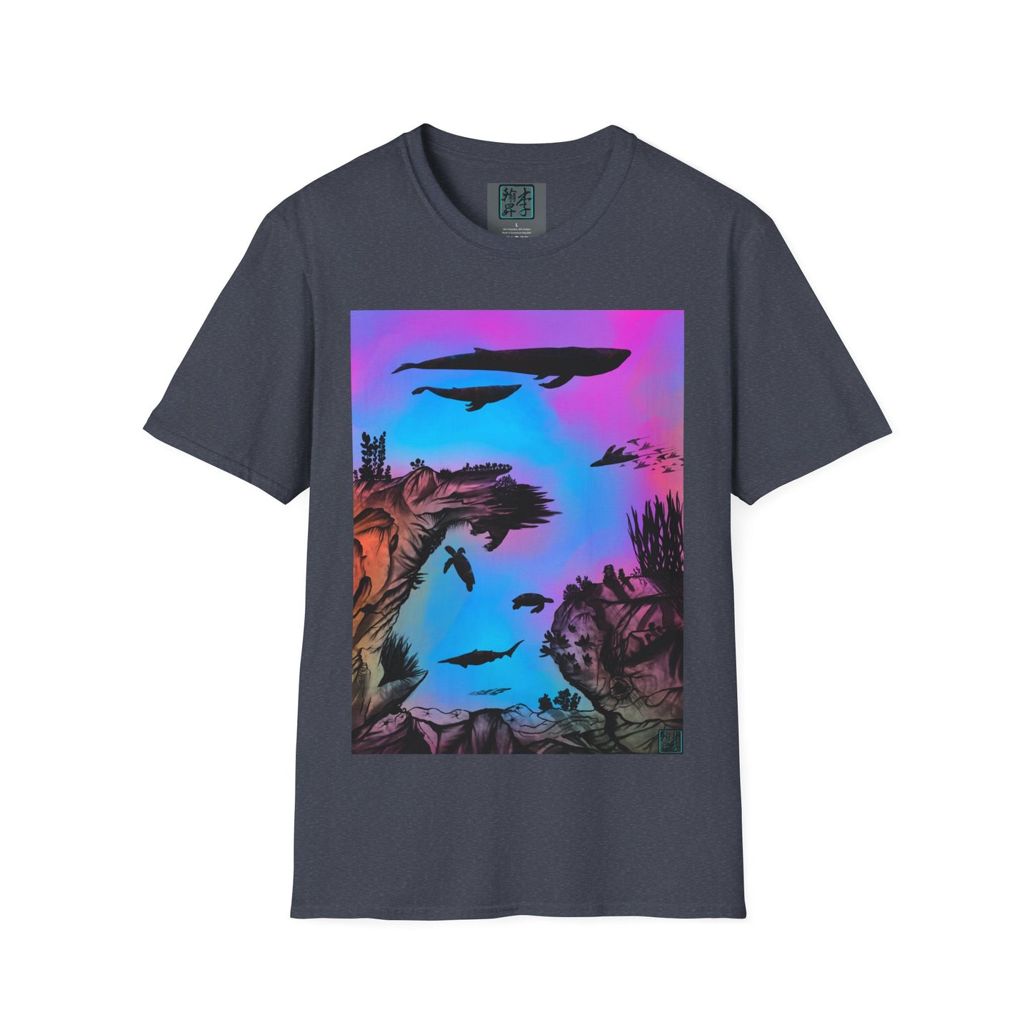 This is the Heather Navy Into the Abyss V-Neck Tee by Lee Hansheng Studios. This shows the front of the shirt. The illustration is underwater seascape with aquatic plants on a marbled background. There are two blue whales, 1 goblin shark, school of eagle rays, two sea turtles and a school of fish. On the bottom right corner is the studio's logo printed in black outlined in blue. The inside of the shirt has a gray label with the studio logo and the size label underneath printed in white.