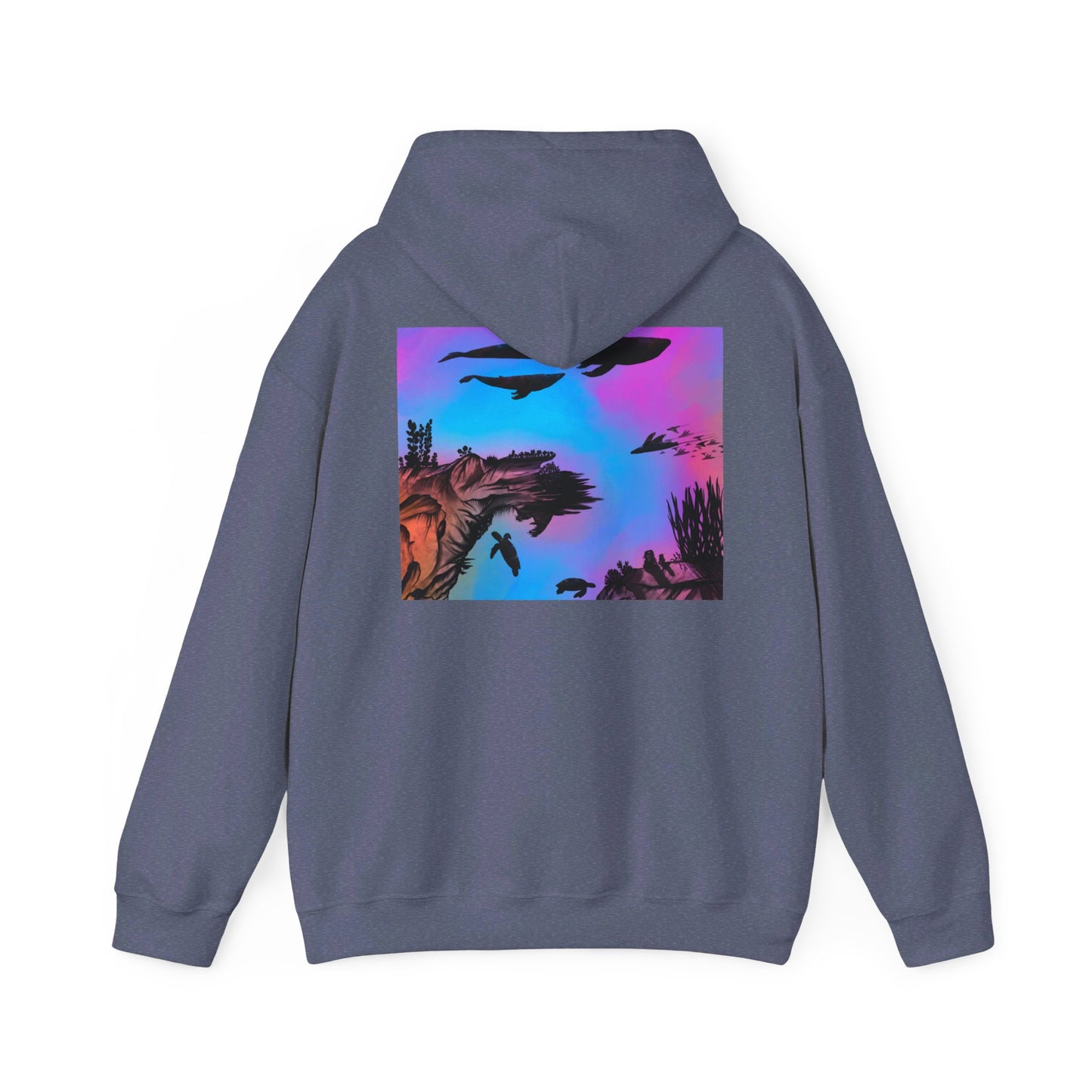 This is the Heather Navy Into the Abyss Heavy Blend Hooded Sweatshirt by Lee Hansheng Studios. It comes in sizes S-5XL. The image shows the sweatshirt from the back with the hood down. The illustration is a square shape of an underwater seascape with aquatic plants on a marbled background. The square fits the whole upper back. There are two blue whales, 1 goblin shark, school of eagle rays, two sea turtles and a school of fish. The image is against a white background.