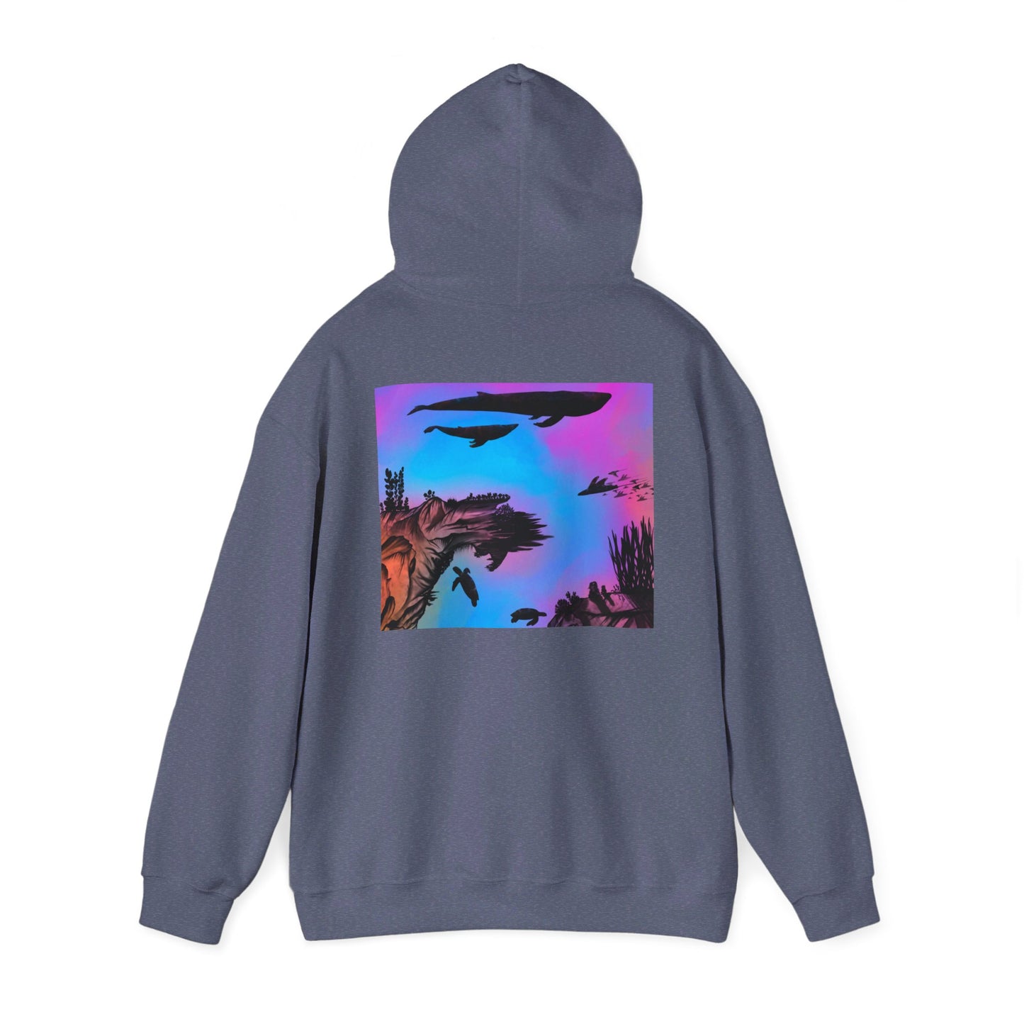 This is the Heather Navy Into the Abyss Heavy Blend Hooded Sweatshirt by Lee Hansheng Studios. It comes in sizes S-5XL. The image shows the sweatshirt from the back with the hood up. The illustration is a square shape of an underwater seascape with aquatic plants on a marbled background. The square fits the whole upper back. There are two blue whales, 1 goblin shark, school of eagle rays, two sea turtles and a school of fish. The image is against a white background.