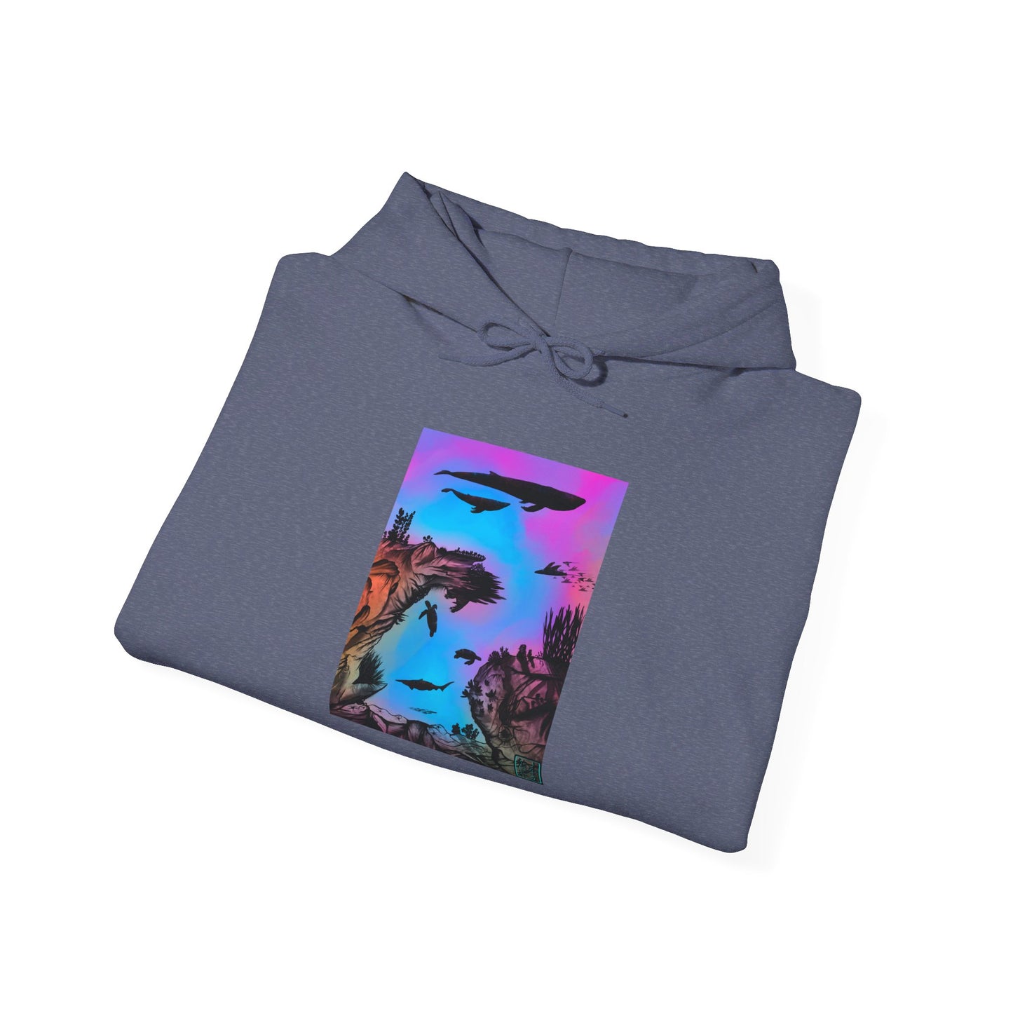 This is the Heather Navy Into the Abyss Heavy Blend Hooded Sweatshirt by Lee Hansheng Studios. It comes in sizes S-5XL. The image shows the sweatshirt folded, the drawstring is tied in a bow and color matched. The illustration is a rectangular shape of an underwater seascape with aquatic plants on a marbled background. There are two blue whales, 1 goblin shark, school of eagle rays, two sea turtles and a school of fish. The image is against a white background.