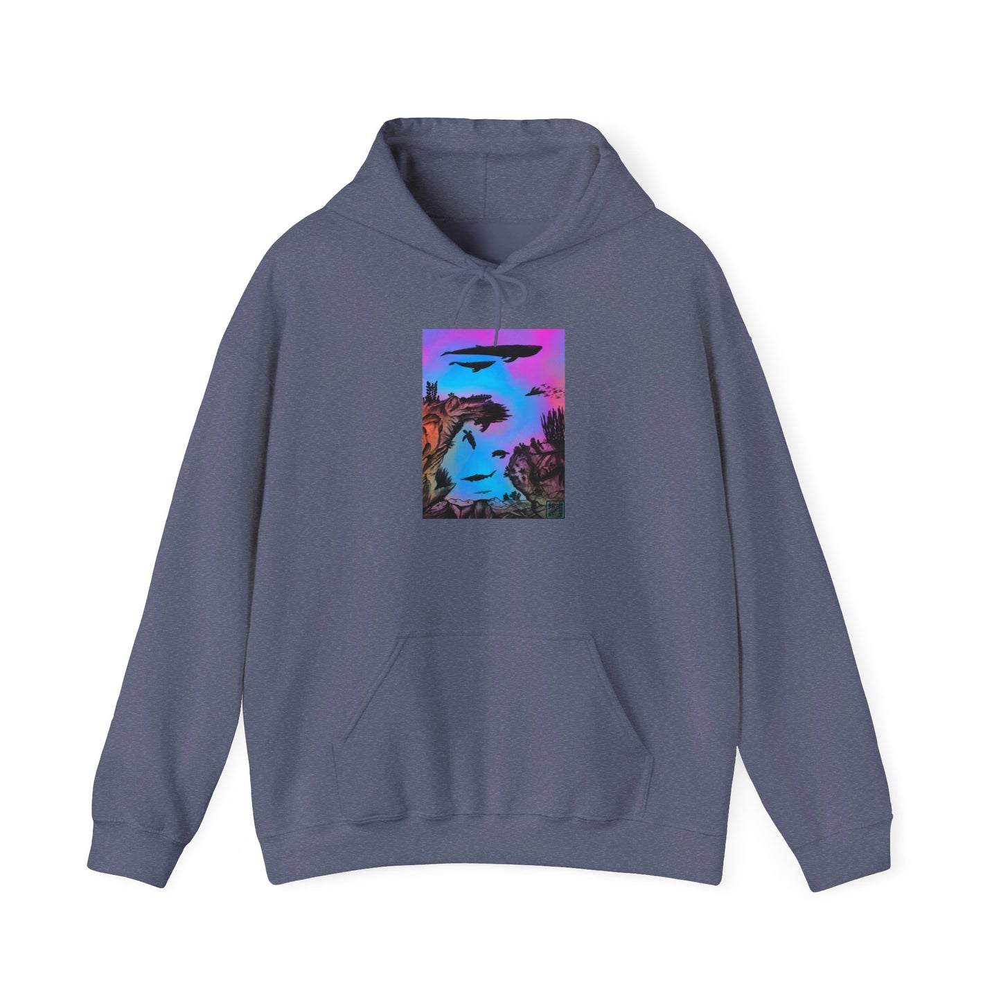 This is the Heather Navy Into the Abyss Heavy Blend Hooded Sweatshirt by Lee Hansheng Studios. It comes in sizes S-5XL. The image shows the sweatshirt from the front. The illustration is a rectangular shape of an underwater seascape with aquatic plants on a marbled background. There are two blue whales, 1 goblin shark, school of eagle rays, two sea turtles and a school of fish. There is a kangaroo pocket. There is hemming on the wrists and end of it. The image is against a white background.