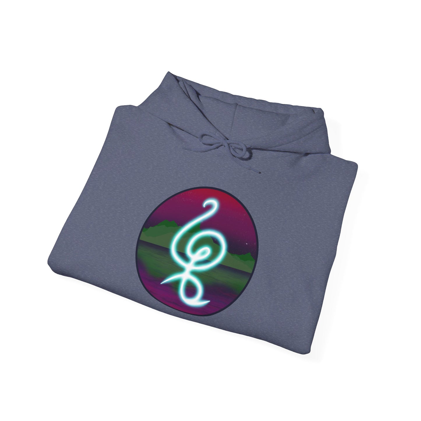 This is the Heather Navy Hakuna Matata Unisex Heavy Blend Hooded Sweatshirt by Lee Hansheng Studios. This is the image of it folded from the front. The drawstring is tied in a bow and color matched. This comes in sizes S- 5XL. This illustration is an oval image on with the "There are no worries" in Swahili which is a bright light blue. Behind the symbol is a landscape with dark green mountains. It is reflected in the water and clear are pink/purple sky with a couple of stars.