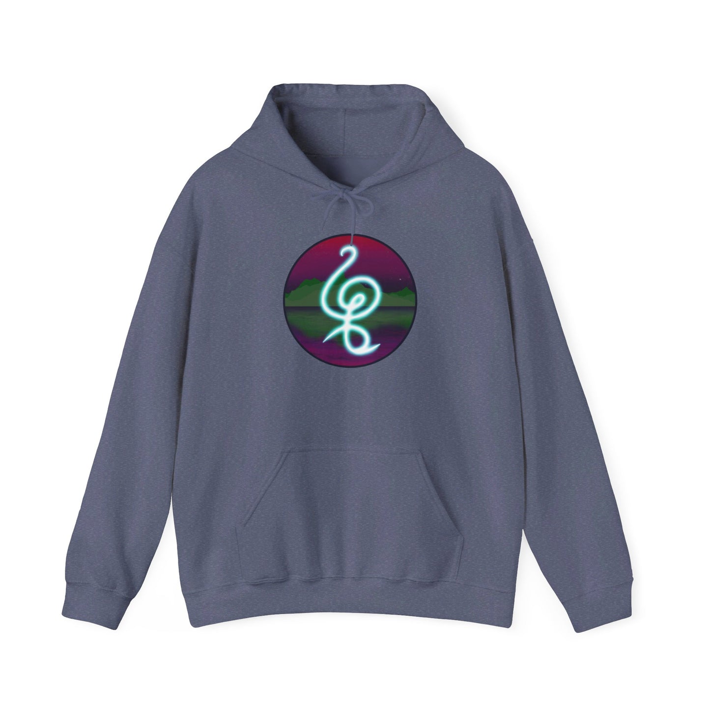 This is the Heather Navy Hakuna Matata Unisex Heavy Blend Hooded Sweatshirt by Lee Hansheng Studios. This is the image of it from the front.This comes in sizes S- 5XL. The drawstring is color matched and tied. This illustration is an oval image on with the "There are no worries" in Swahili and bright light blue.Behind the symbol is a landscape with dark green mountains, reflected in the water,clear pink/purple sky with a couple of stars.The illustration is on the upper back and the studio logo is below it.