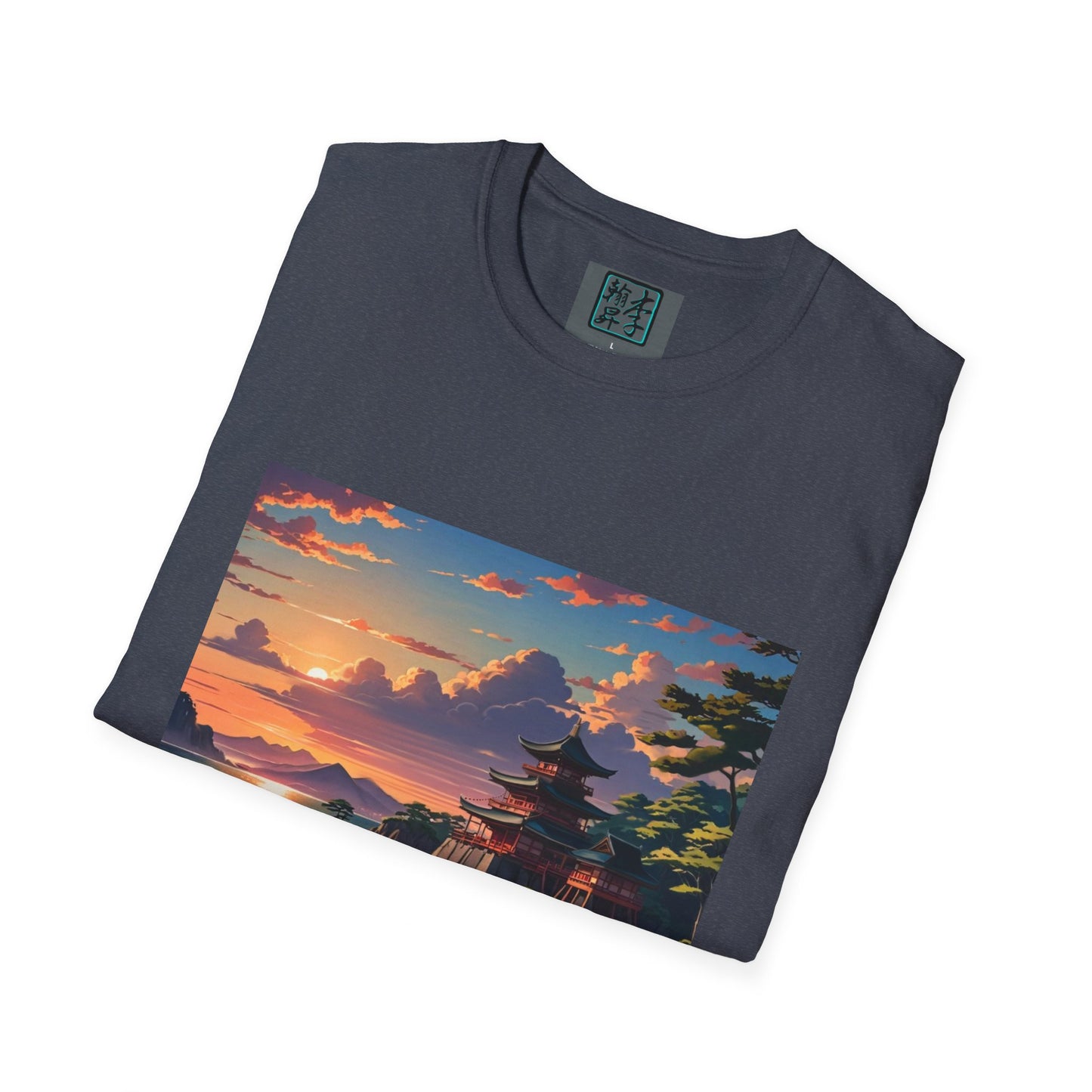 This is the Heather Navy Temple of Peace Softstyle T-Shirt by Lee Hansheng Studios. It comes in sizes S-5XL. This is an image of the shirt from the front and folded. On the inside of the shirt there is the studio's logo. The illustration shows the top of the landscape. There is a setting red/orange sun above clouds, one blue roof,brown/red walled temples on the right thre are some trees and mountains in the background scenery. The t-shirt is against a white background.