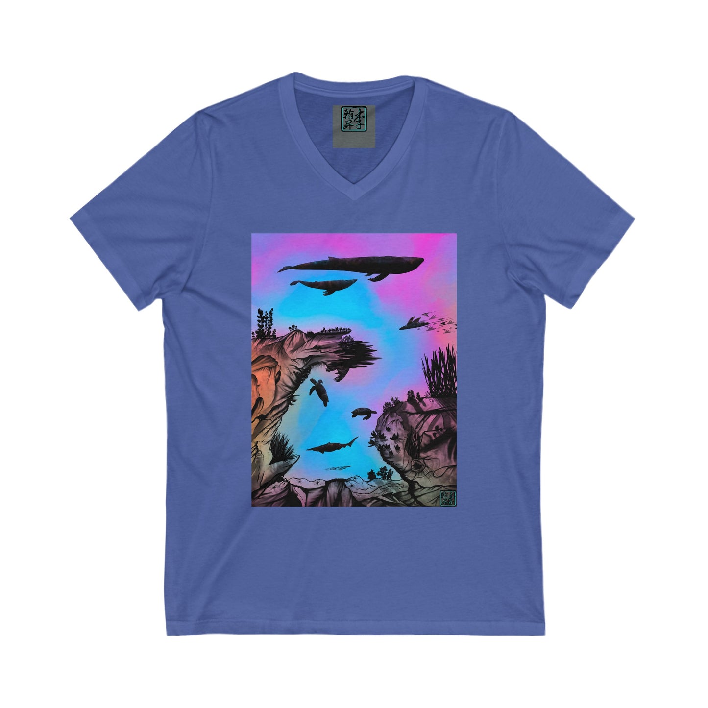 This is the Heather True Royal Into the Abyss V-Neck Tee by Lee Hansheng Studios. This shows the front of the shirt. The illustration is underwater seascape with aquatic plants on a marbled background. There are two blue whales, 1 goblin shark, school of eagle rays, two sea turtles and a school of fish. On the bottom right corner is the studio's logo printed in black outlined in blue. The inside of the shirt has a gray label with the studio logo and the size label underneath printed in white.