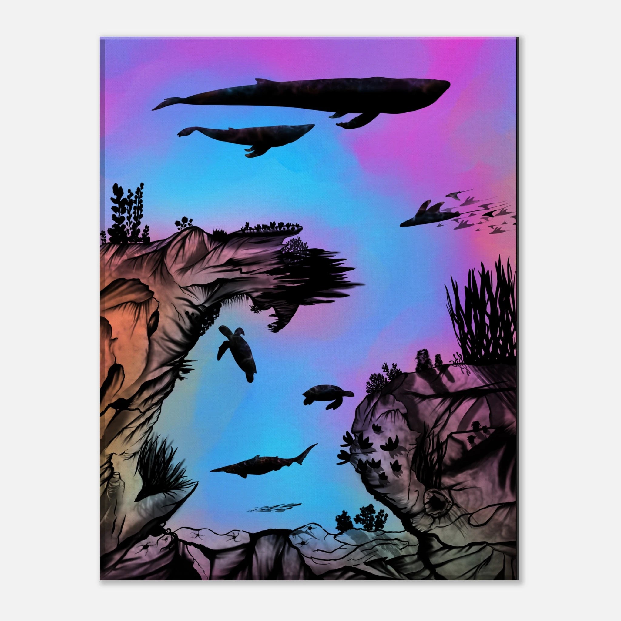 Close-up of the textured canvas surface highlighting deep blue and black brushstrokes, showcasing intricate detailing and