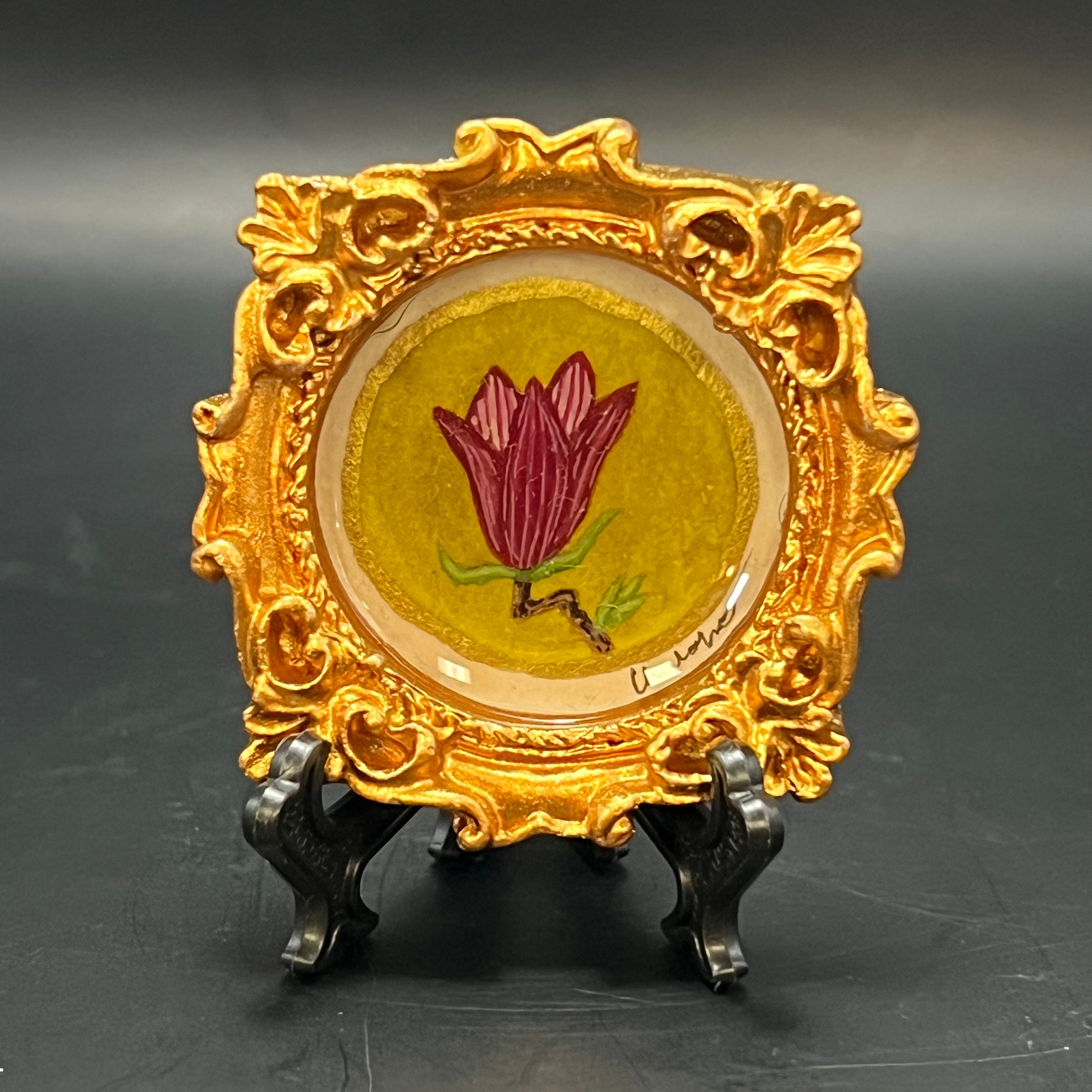 CFD Japanese Magnolia Blossom mini painting in watercolor, 4x4 inches, framed, signed by artist Chris Foster, Fragment of