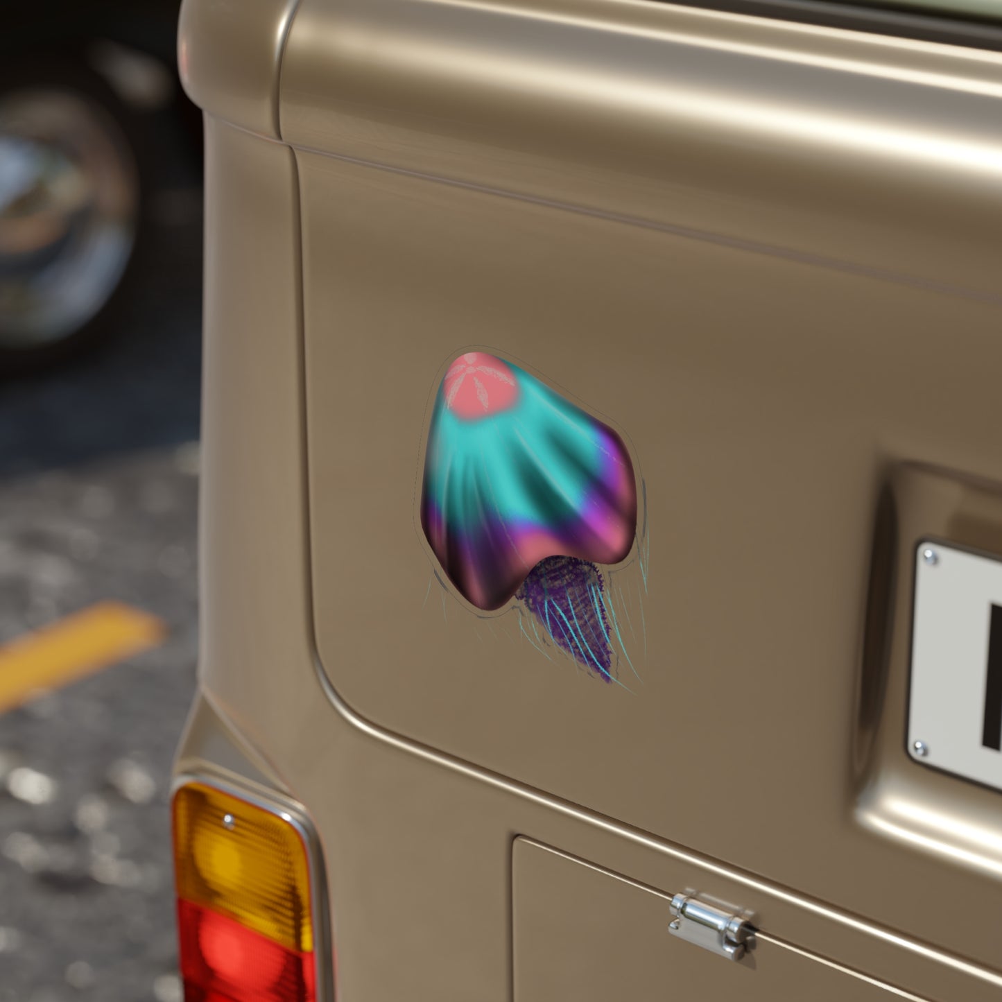 This is a 6"x 6" pink, blue and purple die-cut transparent jellyfish as a bumper sticker.
