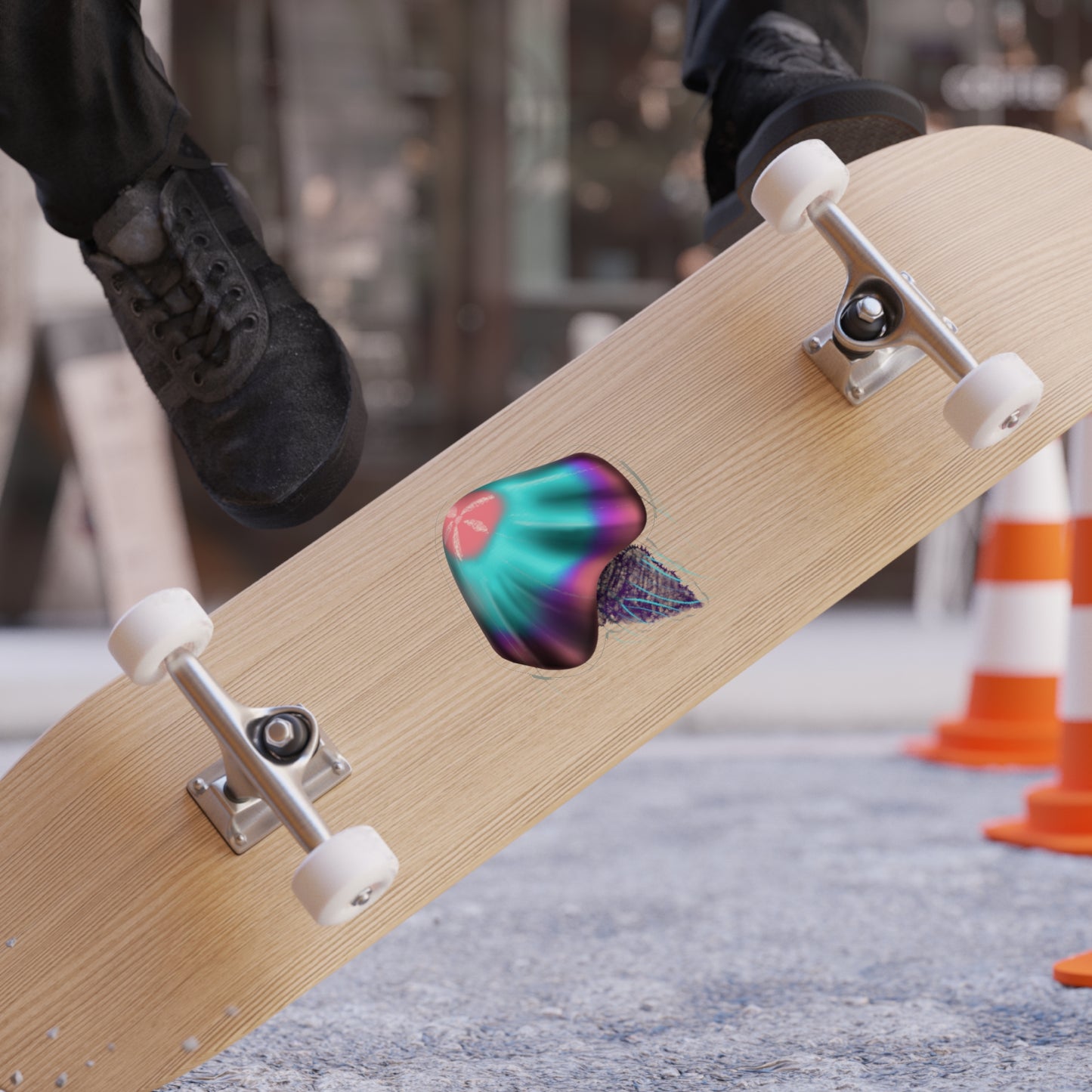 A 5" x 5" die cut transparent sticker of a pink, blue and purple jellyfish on a skateboard.
