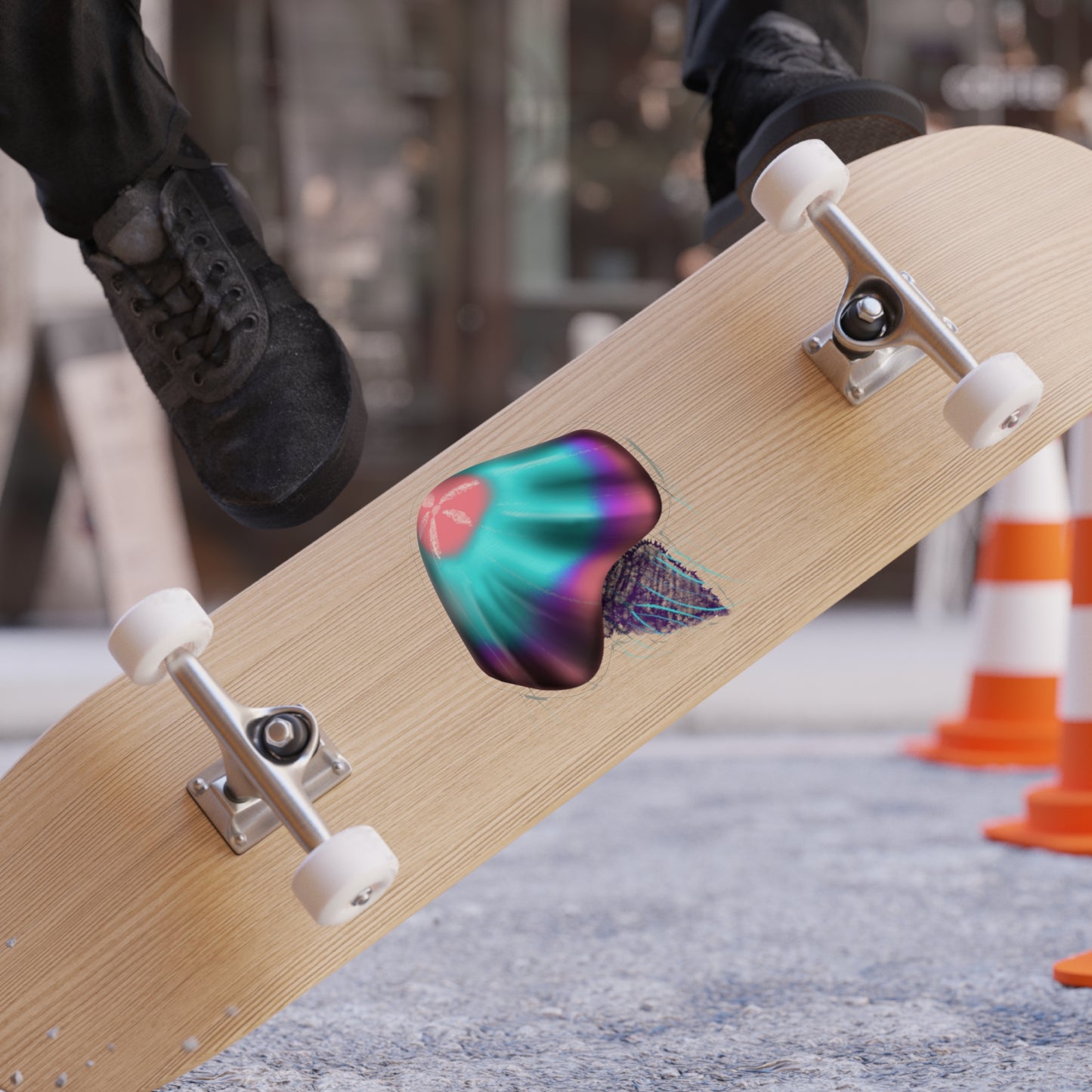A pink, blue and purple jellyfish that is a transparent die-cut sticker on a skateboard. The size is 6" x 6".