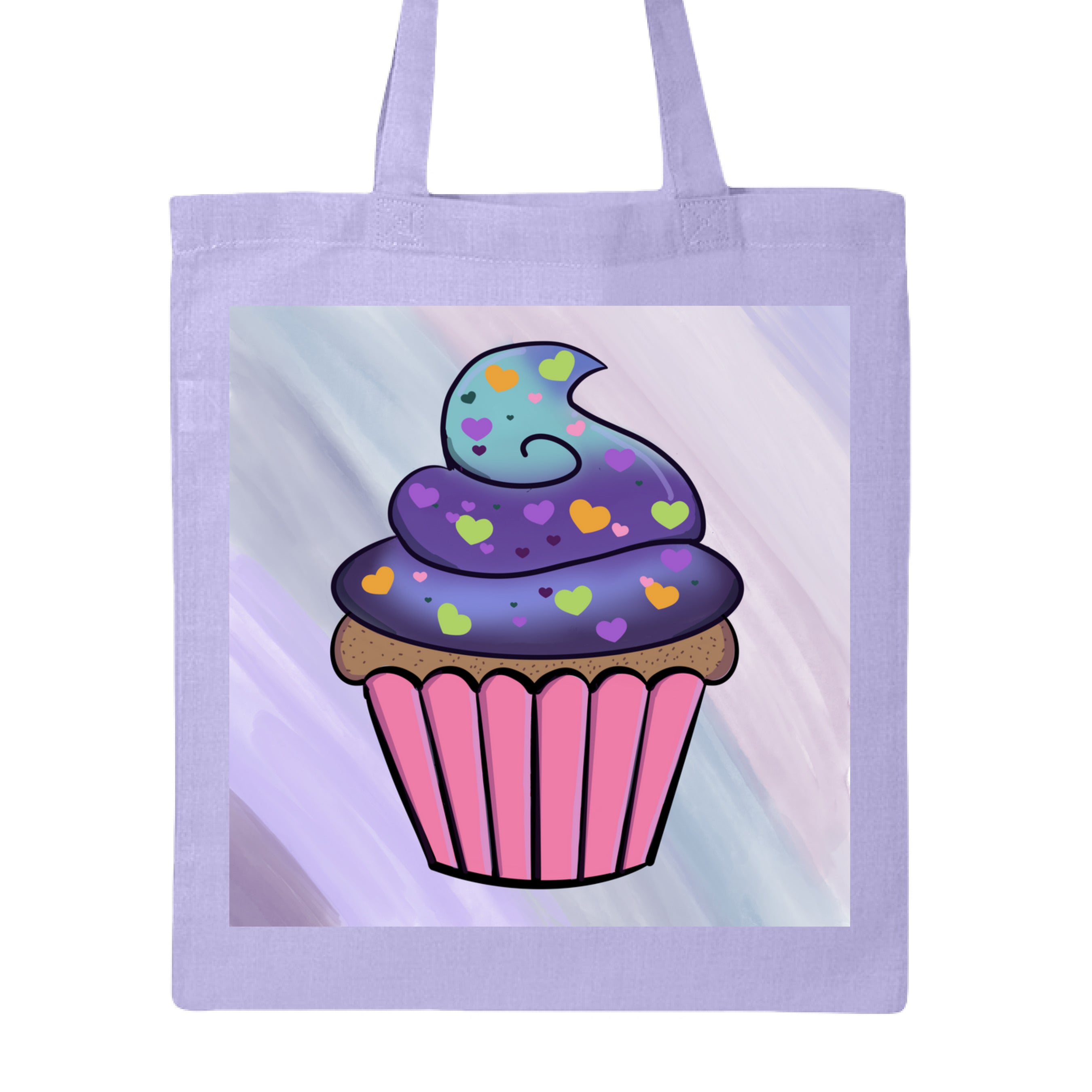 Close-up of the Cosmic Cupcake tote’s vibrant purple fabric with textured stitching and a sturdy handle attachment detail.