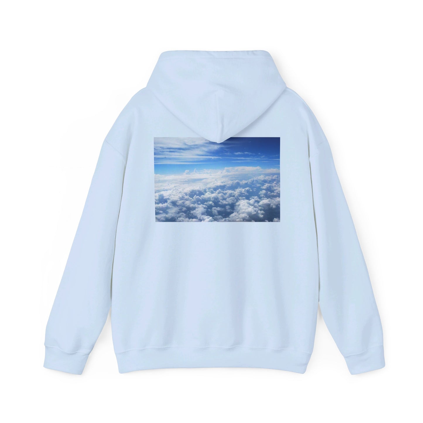 This is the Light Blue Above the Clouds Hoodie by Lee Hansheng Studios. It comes in sizes S-5XL. This is the image of the back with the hood up. The illustration is between the upper back and ends before lower back. The illustration shows an overview of the clouds from the sky. Through the foreground are white, light blue, dark blue fluffy clouds that straighten out in the background. There are clear blue skies in the background. There is hemming on the wrists and end of the hoodie.