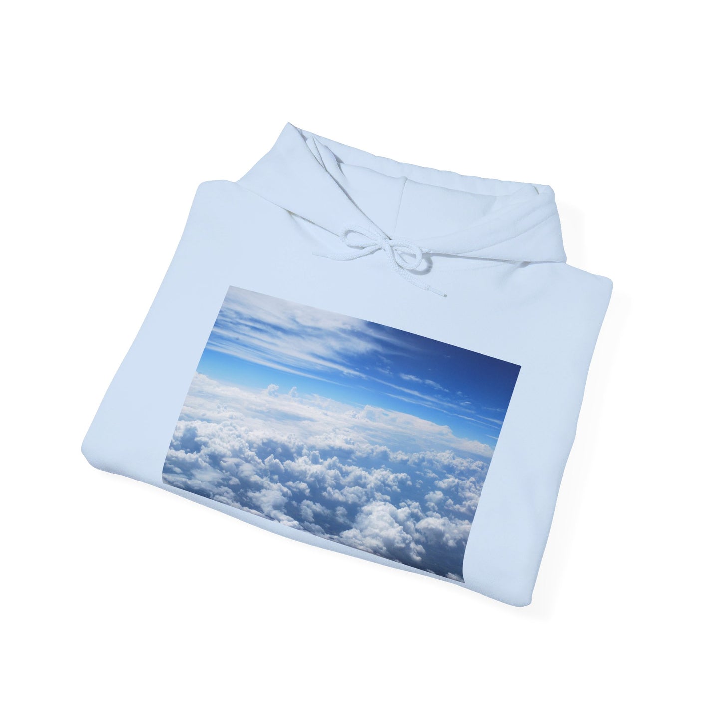 This is the Light Blue Above the Clouds Hoodie by Lee Hansheng Studios. It comes in sizes S-5XL. The drawstring is tied and color matched. The illustration shows an overview of the clouds from the sky. Through the foreground are white, light blue, dark blue fluffy clouds that straighten out in the background. There are clear blue skies in the background. The hoodie is against a white background.