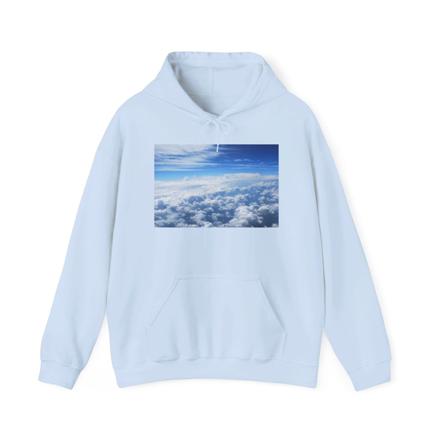 This is the Light Blue Above the Clouds Hoodie by Lee Hansheng Studios. It comes in sizes S-5XL. This is the image of the front with a drawstring tied in a bow and color matched. The illustration on the front chest. The illustration shows an overview of the clouds from the sky. Through the foreground are white, light blue, dark blue fluffy clouds that straighten out in the background. There are clear blue skies in the background. There is a kangaroo pocket, hemming on the wrists and end of the hoodie.