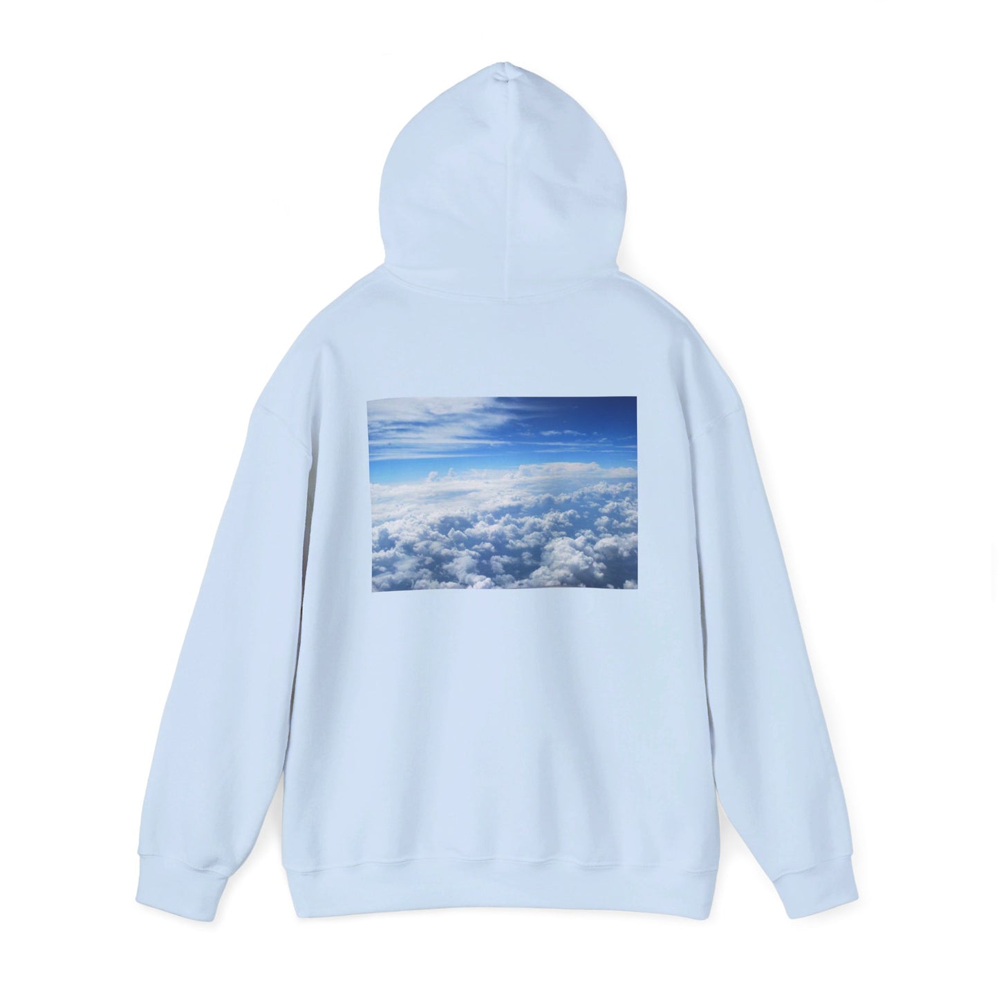 This is the Light Blue Above the Clouds Hoodie by Lee Hansheng Studios. It comes in sizes S-5XL. This is the image of the back with the hood up. The illustration is between the upper back and ends before lower back. The illustration shows an overview of the clouds from the sky. Through the foreground are white, light blue, dark blue fluffy clouds that straighten out in the background. There are clear blue skies in the background. There is hemming on the wrists and end of the hoodie.