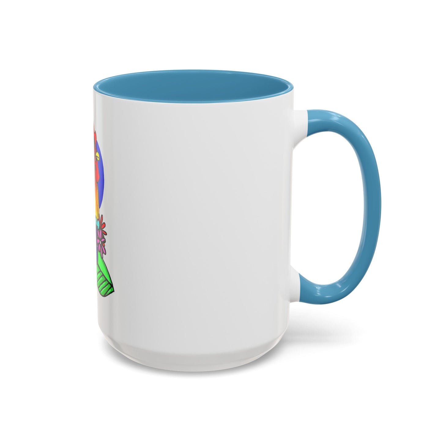 This it the Light Blue 15 oz Cock Accent Coffee Mug by Storm Garden Studio. This image showcases the back of the mug with the handle to the right. The handles are color matched. A bit of the illustration can be seen from the right with a bright green, orange and blue. It is against a white background.