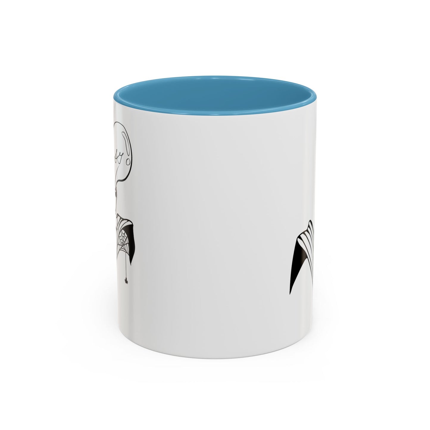 This is the Light Blue 11oz Storm Garden Studio Accent Coffee Mug. This is an image from the front that is color matched with the inside of the mug. On the left side a little bit of the leaf and lightbulb print can be seen. On the right only a little bit of the leaf can be seen. It is against a white background.