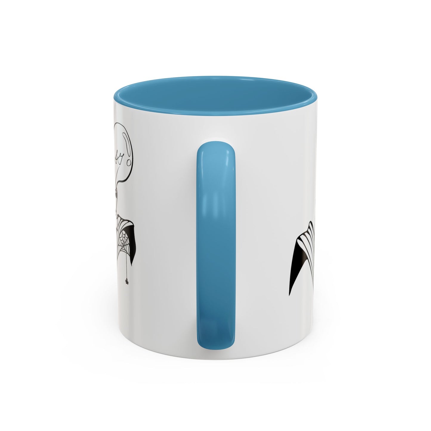 This is the Light Blue 11oz Storm Garden Studio Accent Coffee Mug. This is an image from the handle that is color matched with the inside of the mug. On the left side a little bit of the leaf and lightbulb print can be seen. On the right only a little bit of the leaf can be seen. It is against a white background.