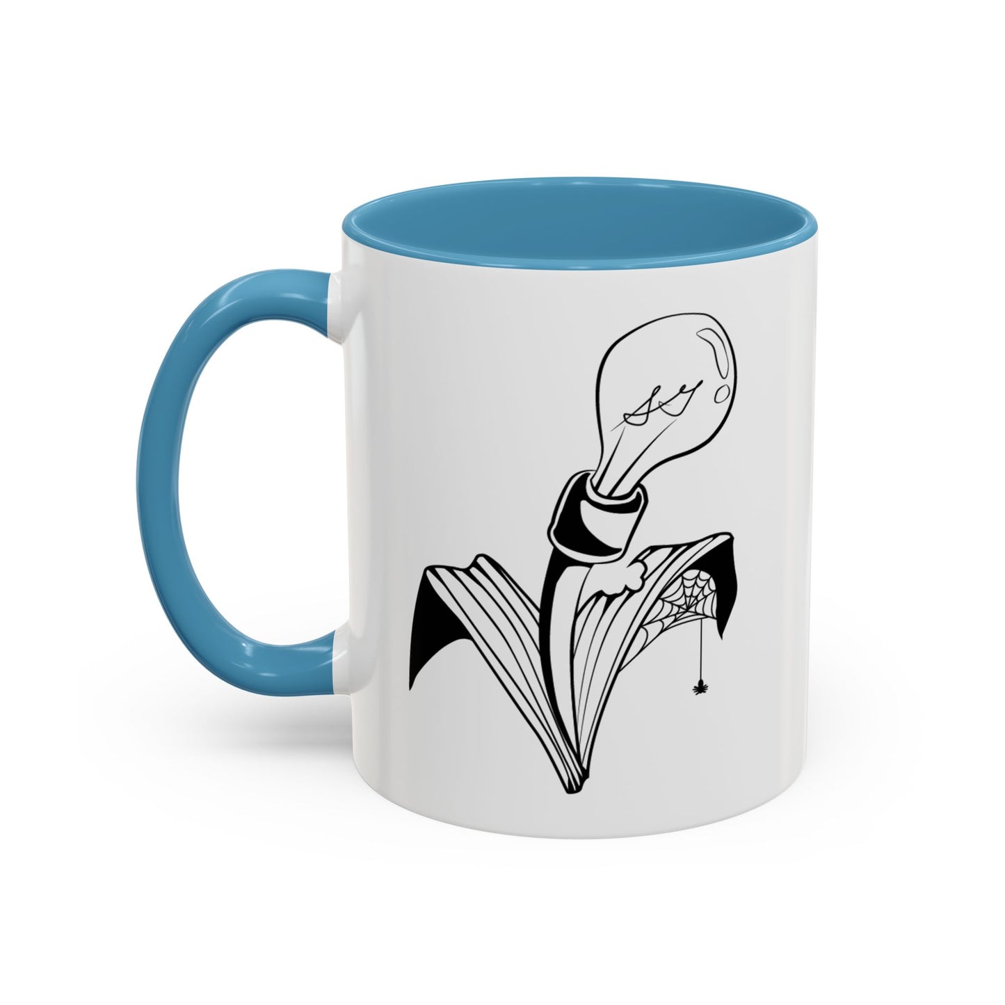 This is the Light Blue 11oz Storm Garden Studio Accent Coffee Mug. This is an image from the front with the handle on the left. It is color matched with the inside of the mug. The Storm Garden Studio logo is printed in black and white in the middle. The logo is a lightbulb screwed onto a plant with two leaves. One leaf is bitten through, has a spiderweb and a spider. It is against a white background.