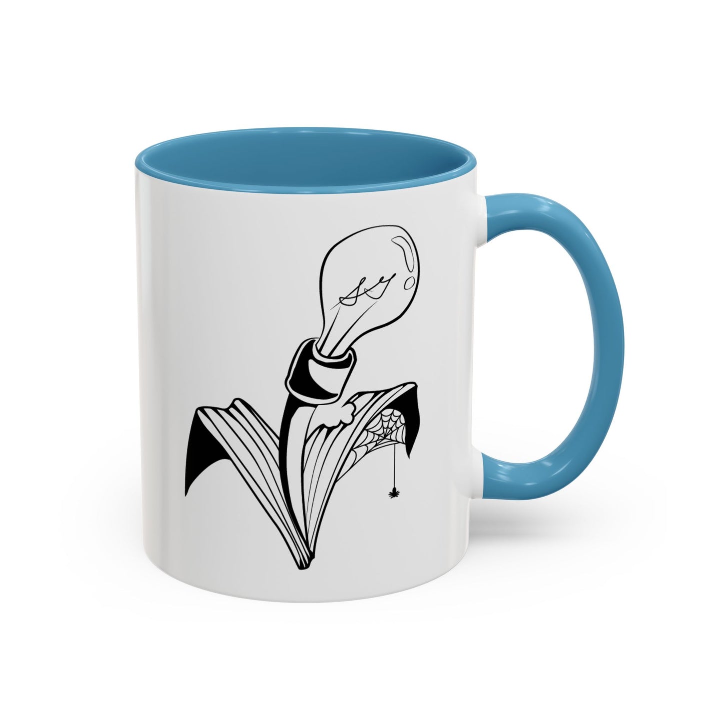 This is the Light Blue 11oz Storm Garden Studio Accent Coffee Mug. This is an image from the front with the handle on the right. It is color matched with the inside of the mug. The Storm Garden Studio logo is printed in black and white in the middle. The logo is a lightbulb screwed onto a plant with two leaves. One leaf is bitten through, has a spiderweb and a spider. It is against a white background.