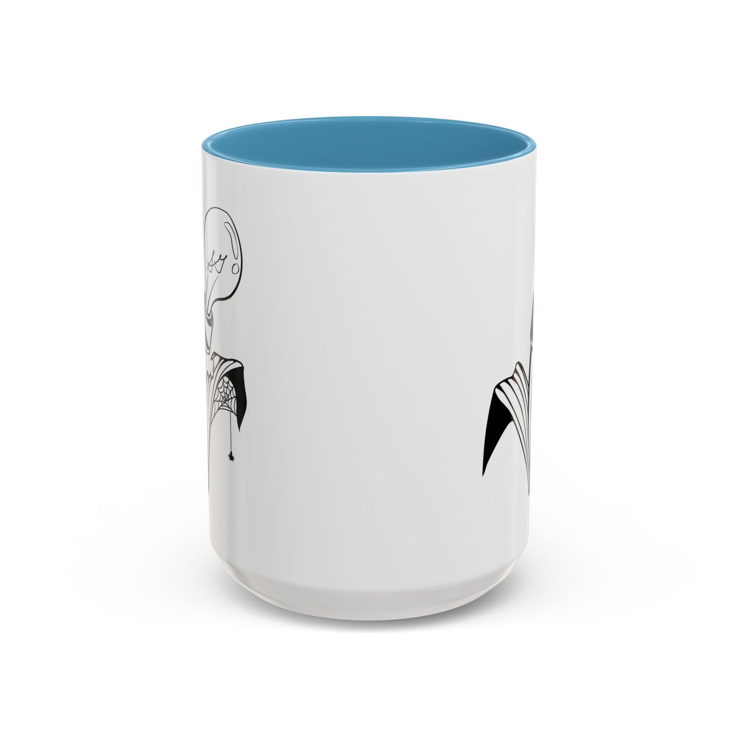 This is the Light Blue 15oz Storm Garden Studio Accent Coffee Mug. This is an image from the front that is color matched with the inside of the mug. On the left side a little bit of the leaf and lightbulb print can be seen. On the right only a little bit of the leaf can be seen. It is against a white background.