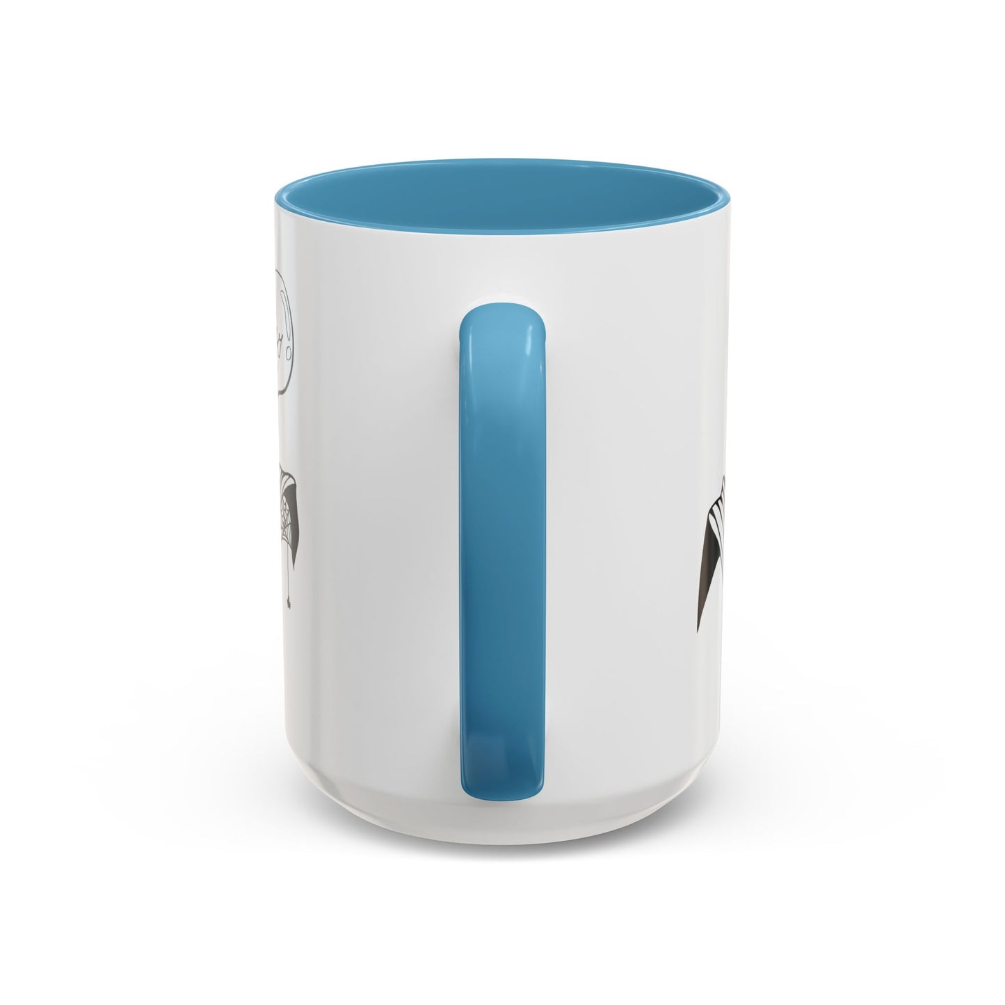 This is the Light Blue 15oz Storm Garden Studio Accent Coffee Mug. This is an image from the handle that is color matched with the inside of the mug. On the left side a little bit of the leaf and lightbulb print can be seen. On the right only a little bit of the leaf can be seen. It is against a white background.