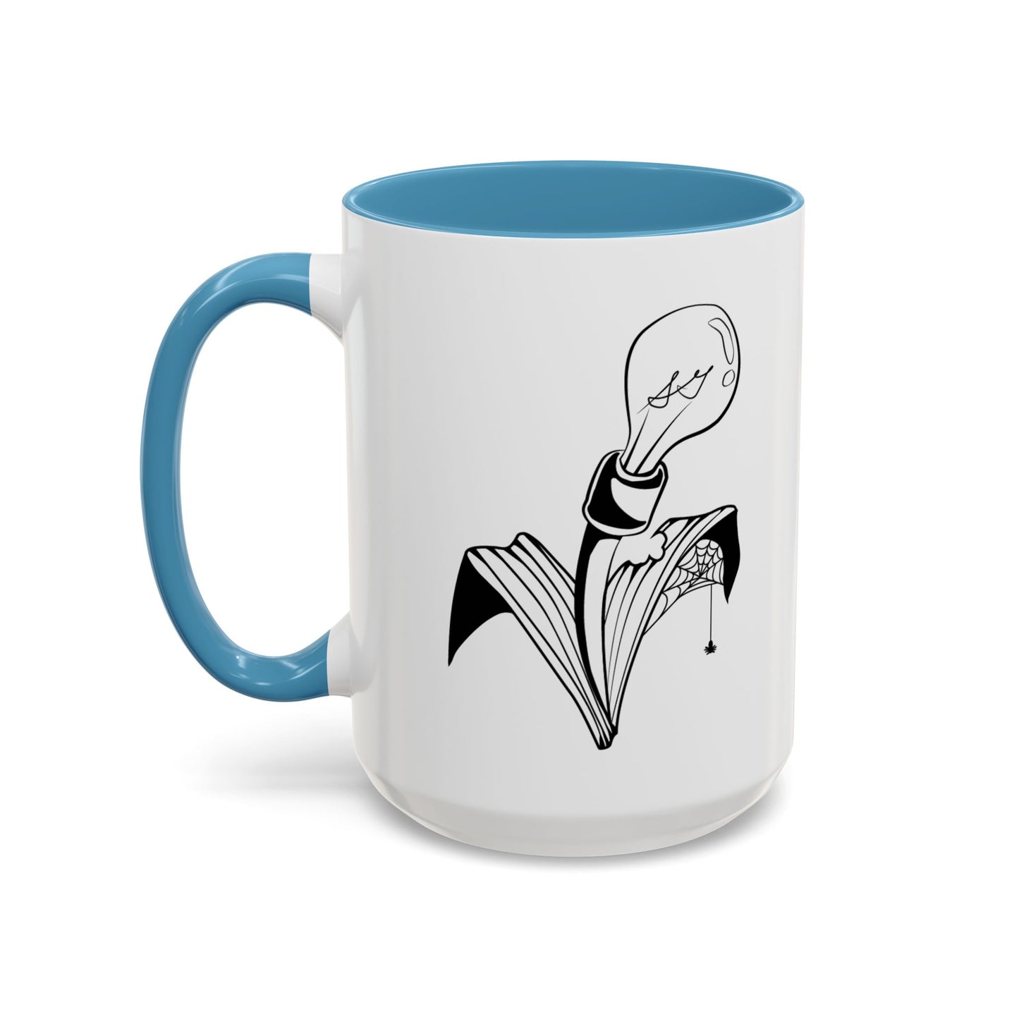 This is the Light Blue 15oz Storm Garden Studio Accent Coffee Mug. This is an image from the front with the handle on the left. It is color matched with the inside of the mug. The Storm Garden Studio logo is printed in black and white in the middle. The logo is a lightbulb screwed onto a plant with two leaves. One leaf is bitten through, has a spiderweb and a spider. It is against a white background.