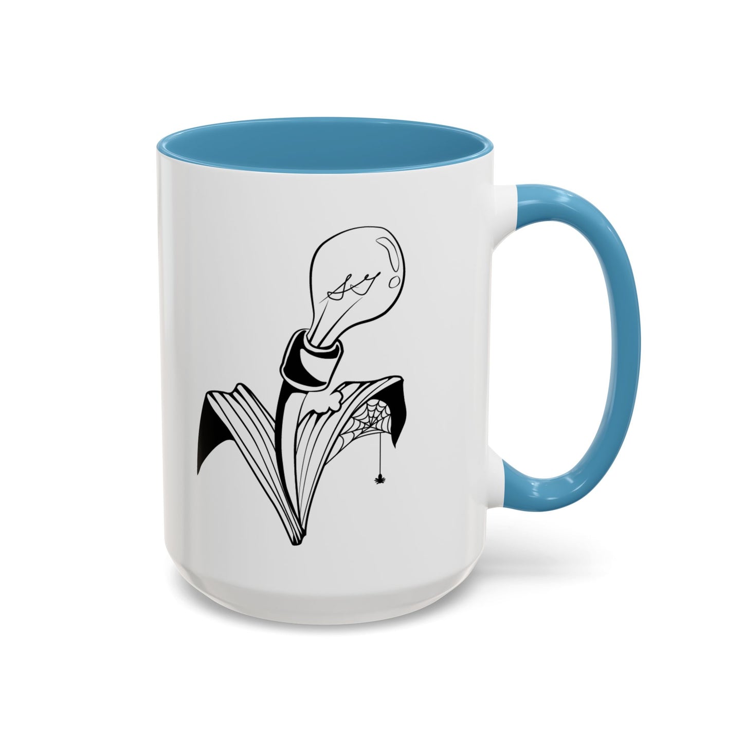 This is the Light Blue 15oz Storm Garden Studio Accent Coffee Mug. This is an image from the front with the handle on the right. It is color matched with the inside of the mug. The Storm Garden Studio logo is printed in black and white in the middle. The logo is a lightbulb screwed onto a plant with two leaves. One leaf is bitten through, has a spiderweb and a spider. It is against a white background.