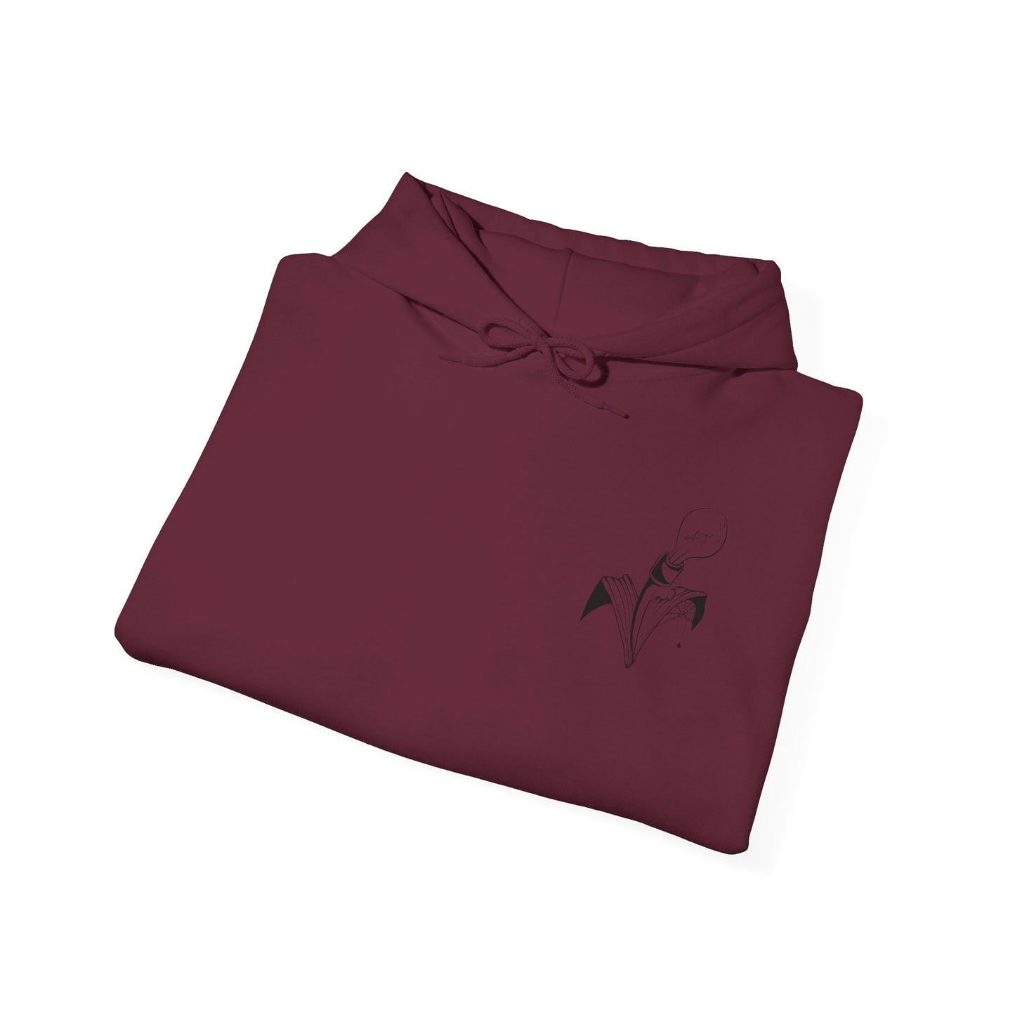 This is the Maroon Fall is falling Heavy Blend Hooded Sweatshirt by Storm Garden Studio. It comes in sizes S-5XL. The image is the sweatshirt folded from the front. The drawstring is color matched and has Storm Garden Studio logo printed in black on the left breast area. It is against a white background.