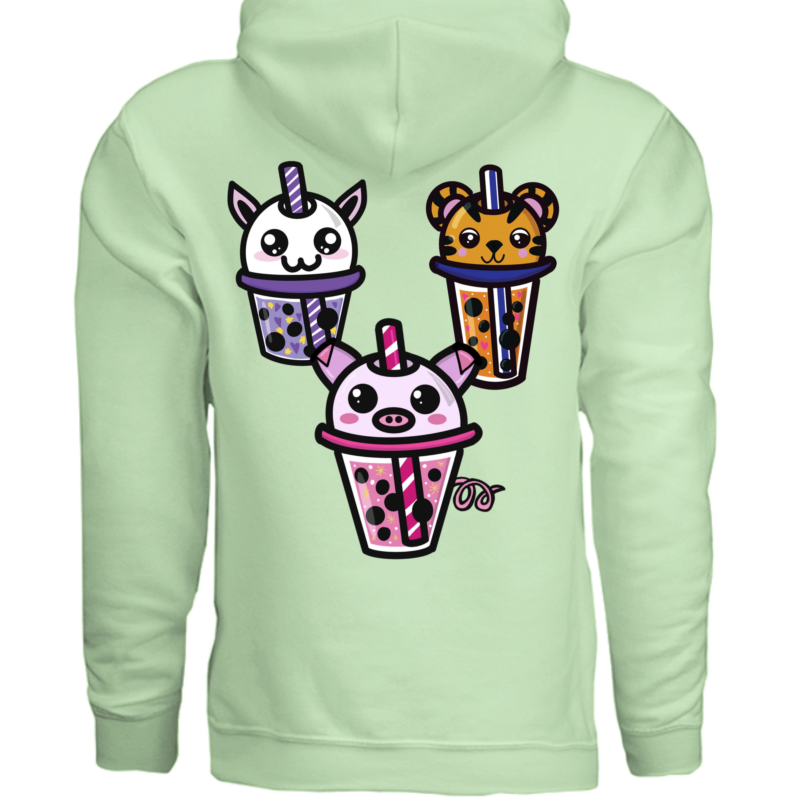 Close-up of the Boba Friends hoodie’s soft cotton-polyester fabric displaying the relaxed fit and vibrant teal color from a
