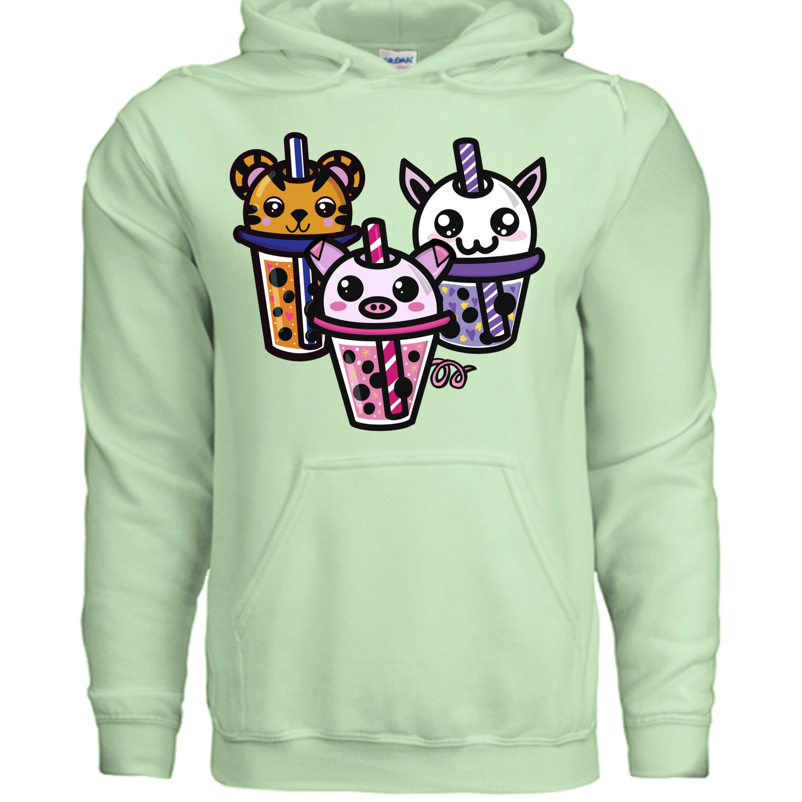 Close-up of the Boba Friends hoodie chest embroidery featuring vibrant pastel colors and textured stitched design.