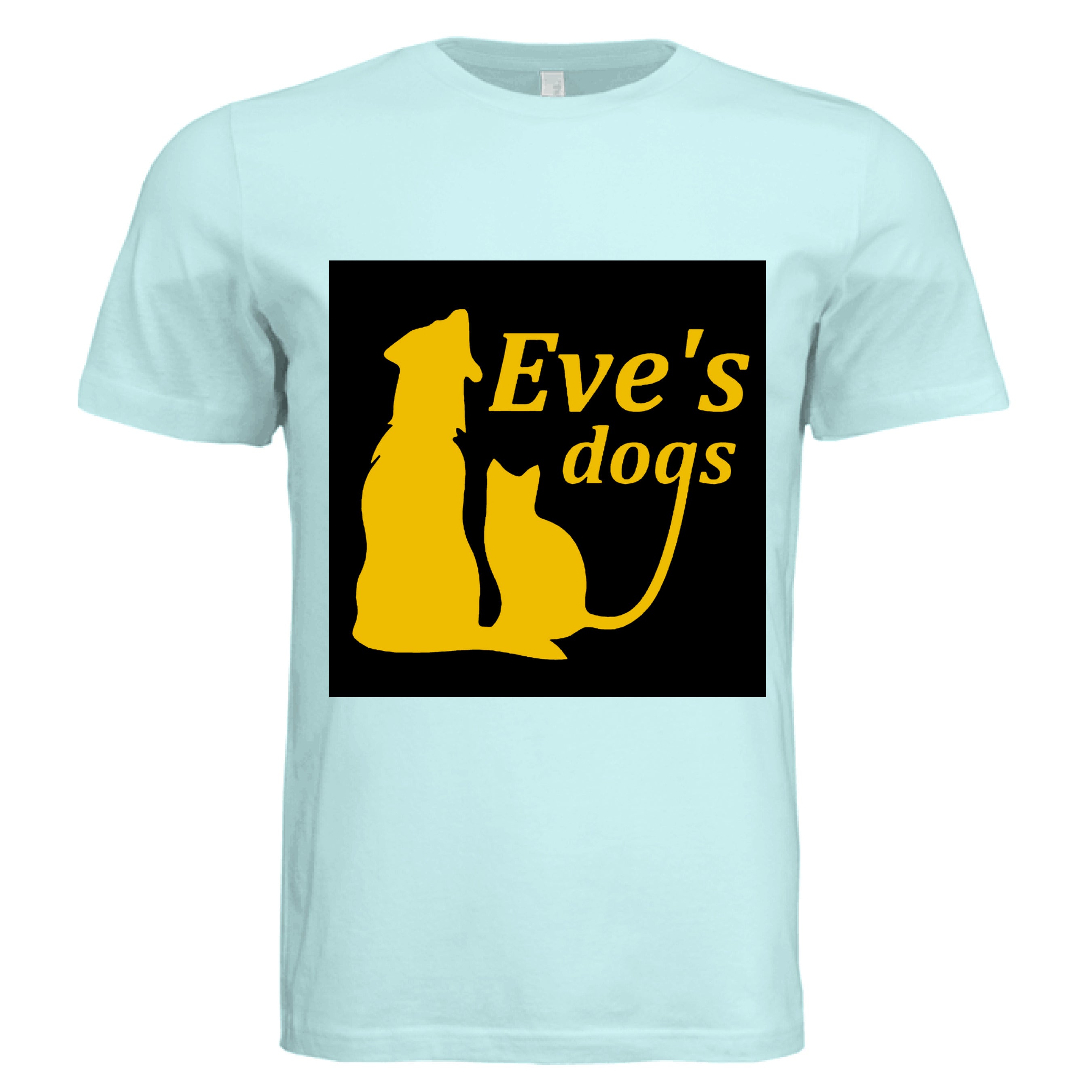 Close-up of the T-shirt's vibrant "Adopt Eves Dogs" logo printed on soft cotton fabric with a crew neckline and relaxed fit