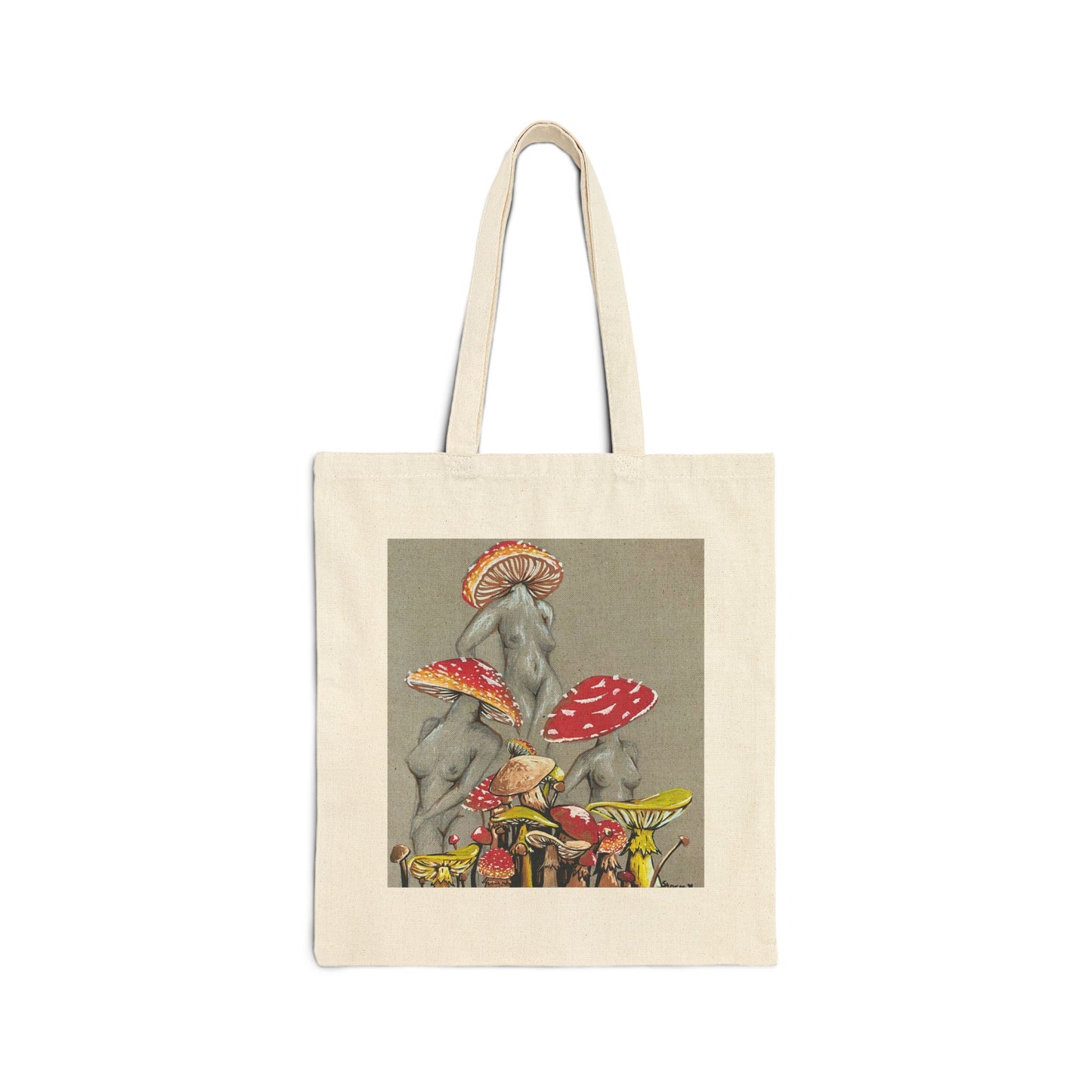 This is the Natural 15" x 16" Miss Amanita Cotton Canvas Tote Bag by Storm Garden Studio. This is an illustration of three mushroom headed nude women. The foreground has assorted mushrooms in different sizes. The women are positioned in a triangle shape. The colors range from yellow, orange and red. Each of the bodies are shaded in white, black or grey and match the background of the illustration. It is an image of the tote against a white background.