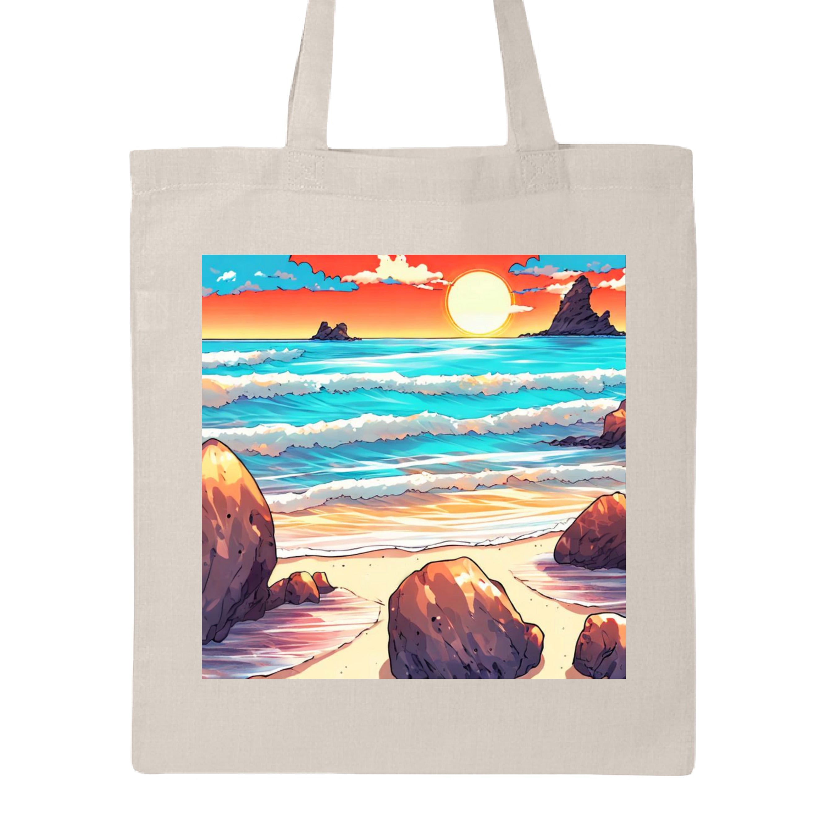 Sunset Beach canvas tote bag with printed sunset and ocean scene, organic cotton material, black handles, The Art Collective