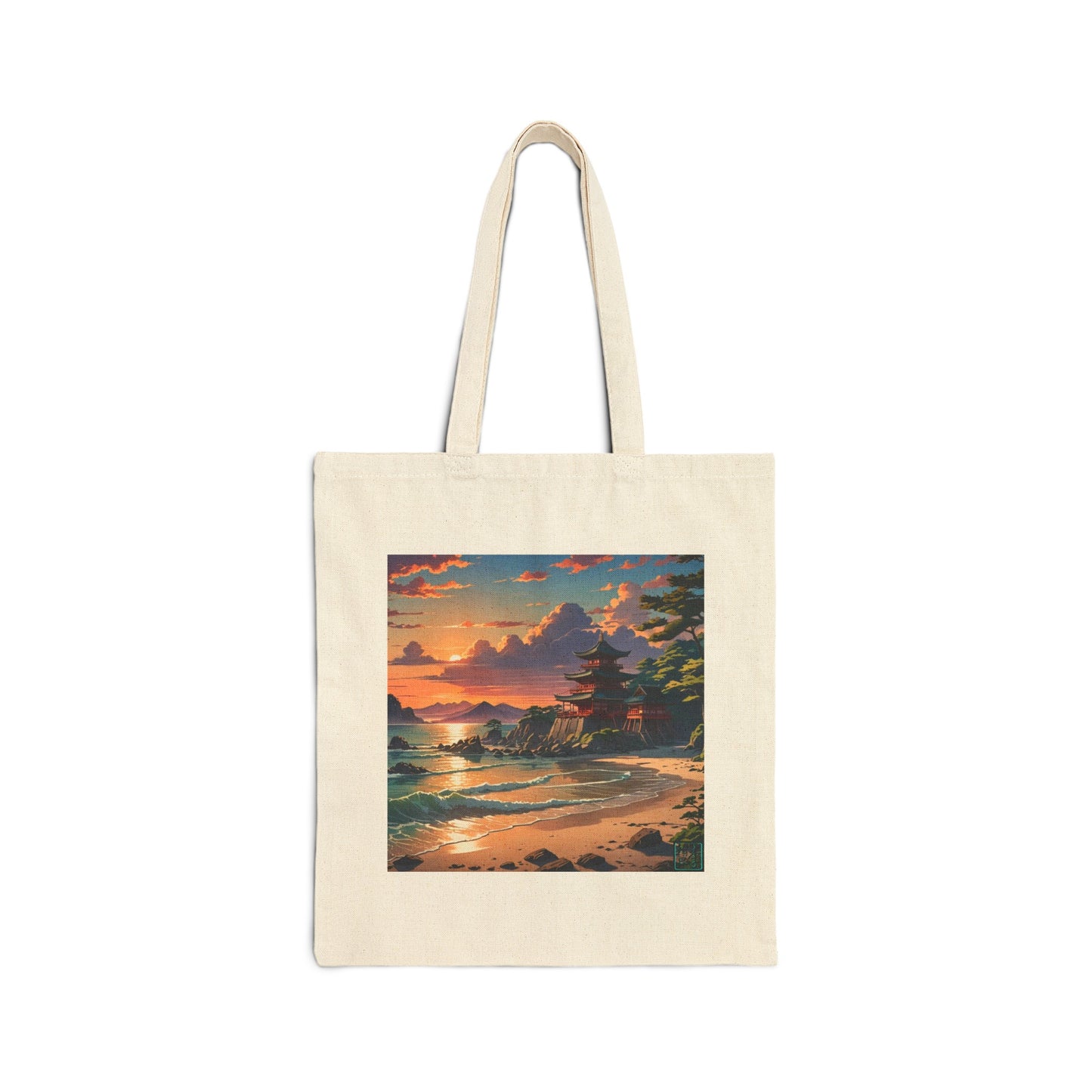 This is the Natural 15" x 16" Temple of Peace Canvas Tote Bag by Lee Hansheng Studios.The illustration shows a setting red/orange sun above clouds,two blue roof,brown/red walled temples on the right on top of the hills,mountains,blue/white waves into sand and a forest to the right.On the bottom right corner is the logo printed in black for the studio and outlined in blue. The tote is against a white background.