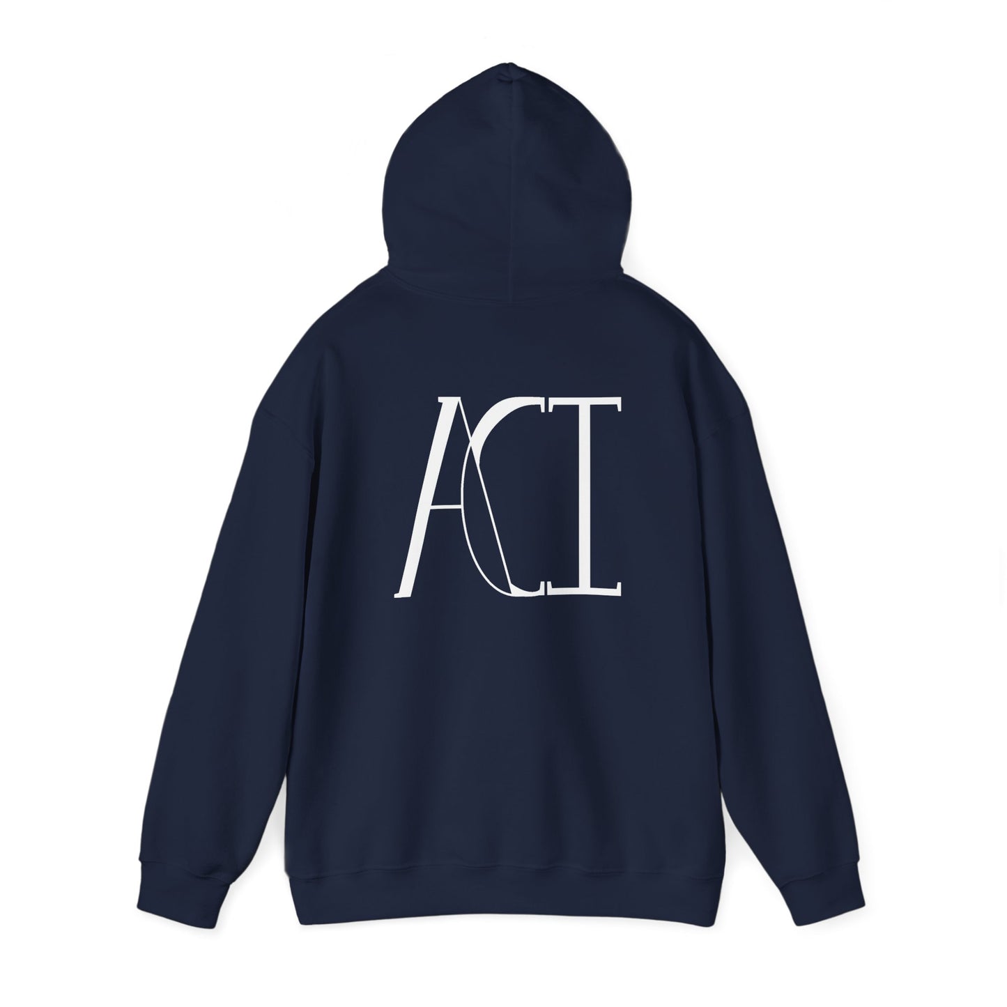 This is a navy ACI hoodie showcasing the back of it. The hood is lifted up and the ACI logo is between the shoulder blades. The logo printed is white. The sleeves and end of the hoodie have stiching by the wrist and waist areas. The rest of the hoodie is the color navy.