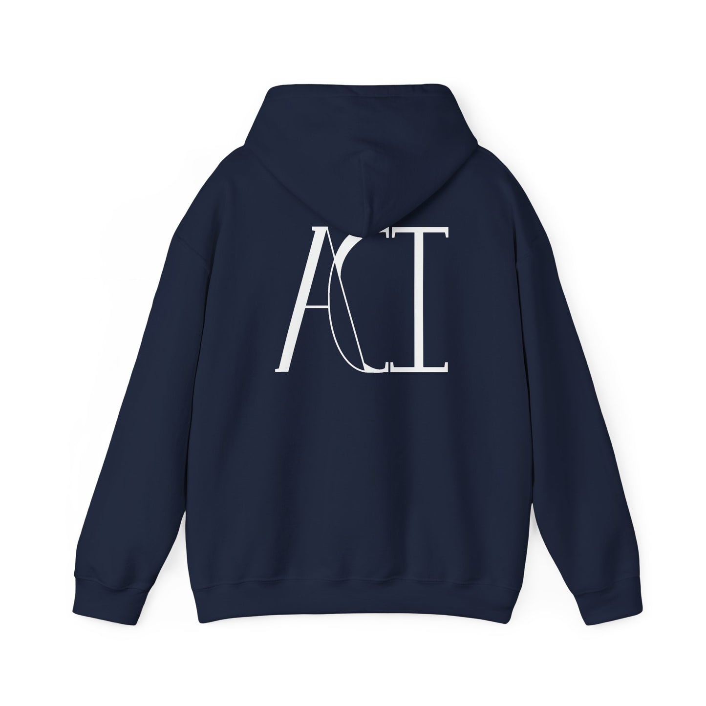 This is a navy ACI hoodie showcasing the back of it. The hood is not lifted up and the ACI logo is right below the hood. The logo is printed in white. The sleeves and end of the hoodie have stiching by the wrist and waist areas. The rest of the hoodie is the color navy.