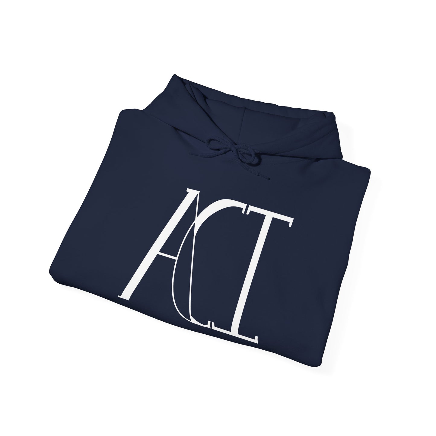 This is a navy ACI hoodie that has been folded. It shows the ACI logo printed in white on the front of the hoodie. The drawcord matches the color of the hoodie.
