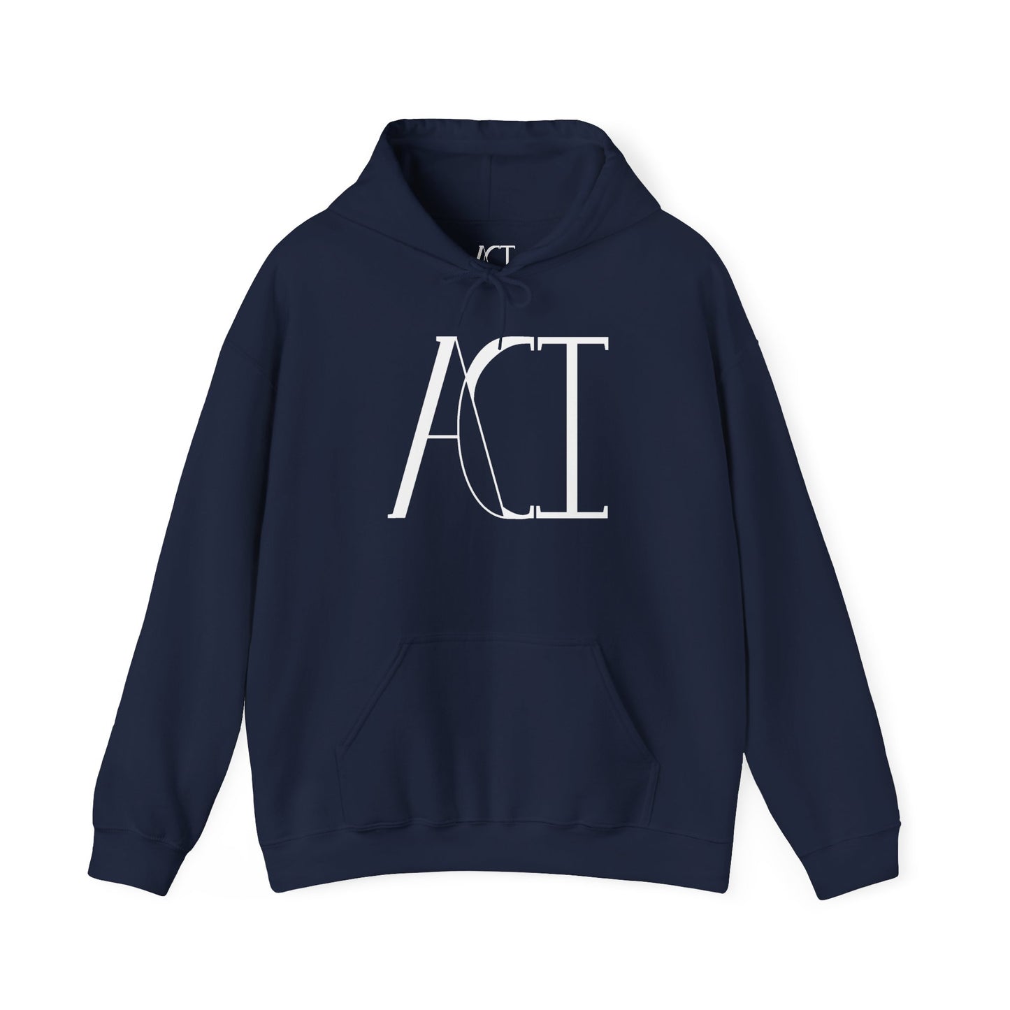 This is a navy ACI hoodie that showcases the ACI logo printed in white near the top middle of the hoodie. It is a full picture of the front with the color-matched drawcord. The size label is printed on rather than a tag with the ACI logo also in white. There is stiching by the wrists and waist areas.