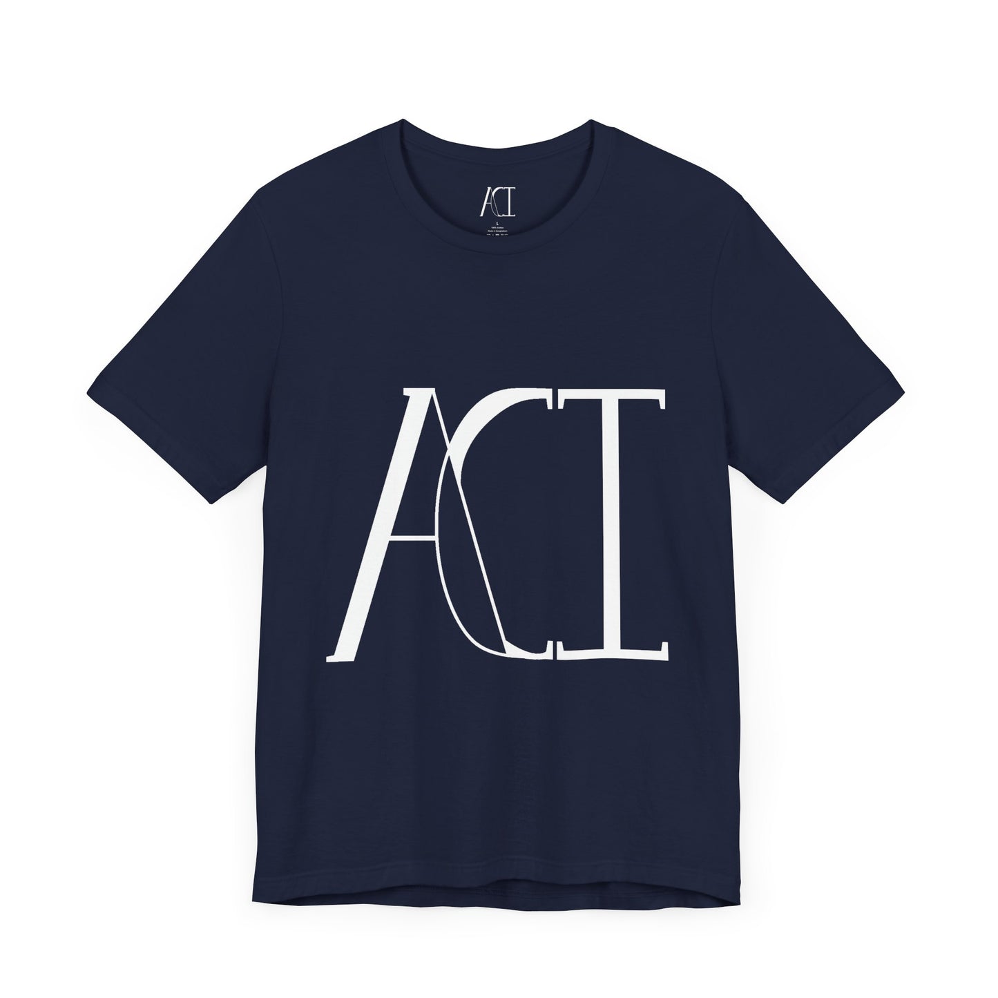 This is a navy crewneck ACI t-shirt. The front showcases a large ACI logo in the middle of the shirt. The print is white and is printed with the size label in white on the inside of the shirt. The tab also has the ACI logo.