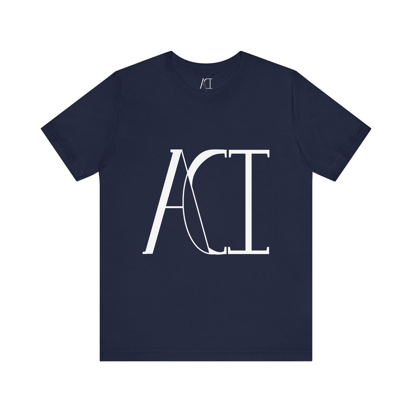 This is a navy crewneck ACI t-shirt. The front showcases a large ACI logo in the middle of the shirt. The print is white and is printed with the size label in white on the inside of the shirt. The tab also has the ACI logo. This is the flat front picture of the shirt.