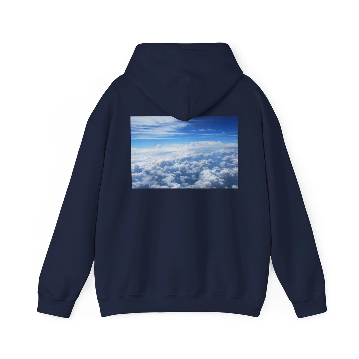 This is the Navy Above the Clouds Hoodie by Lee Hansheng Studios. It comes in sizes S-5XL. This is the image of the back with the hood up. The illustration is between the upper back and ends before lower back. The illustration shows an overview of the clouds from the sky. Through the foreground are white, light blue, dark blue fluffy clouds that straighten out in the background. There are clear blue skies in the background. There is hemming on the wrists and end of the hoodie.