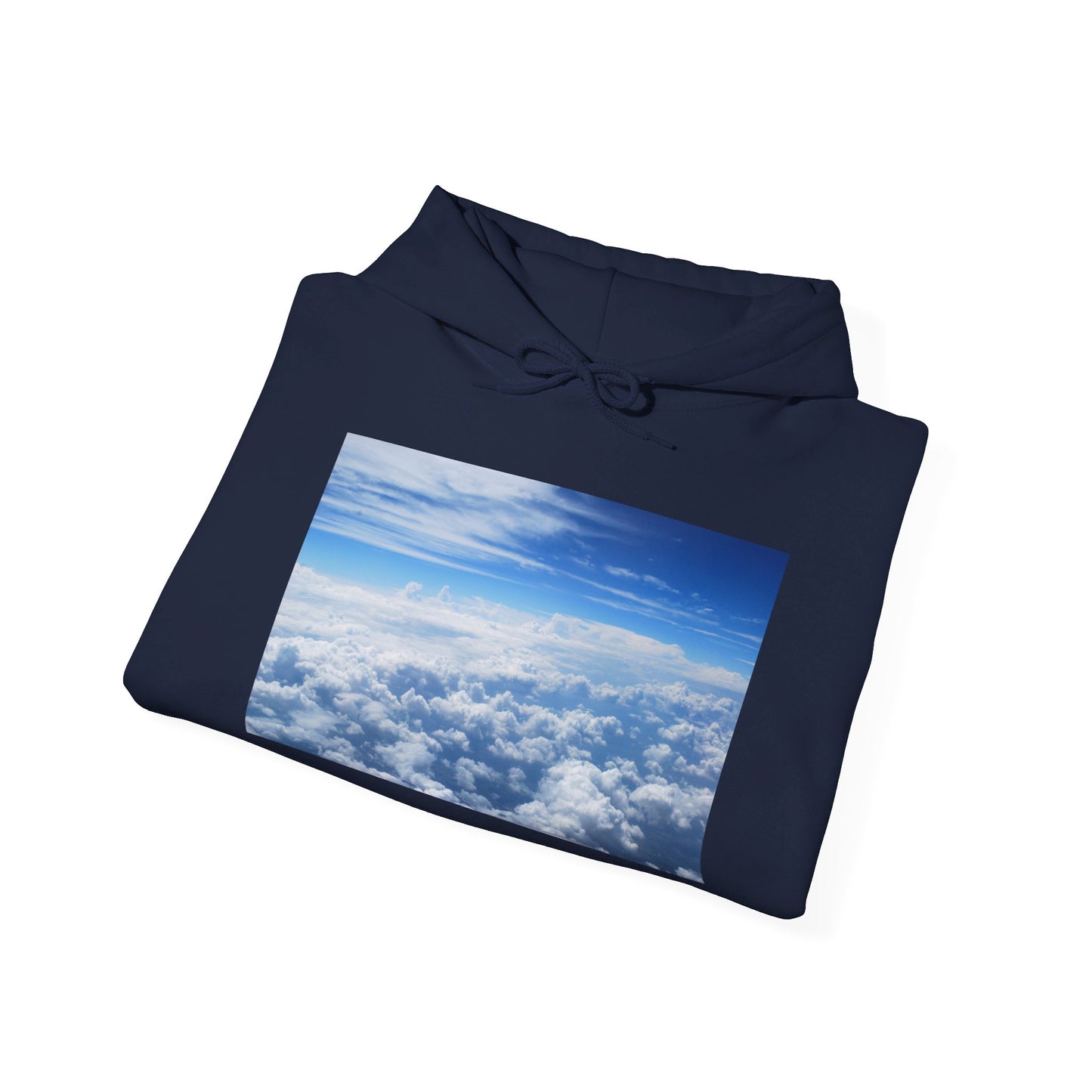 This is the Navy Above the Clouds Hoodie by Lee Hansheng Studios. It comes in sizes S-5XL. The drawstring is tied and color matched. The illustration shows an overview of the clouds from the sky. Through the foreground are white, light blue, dark blue fluffy clouds that straighten out in the background. There are clear blue skies in the background. The hoodie is against a white background.